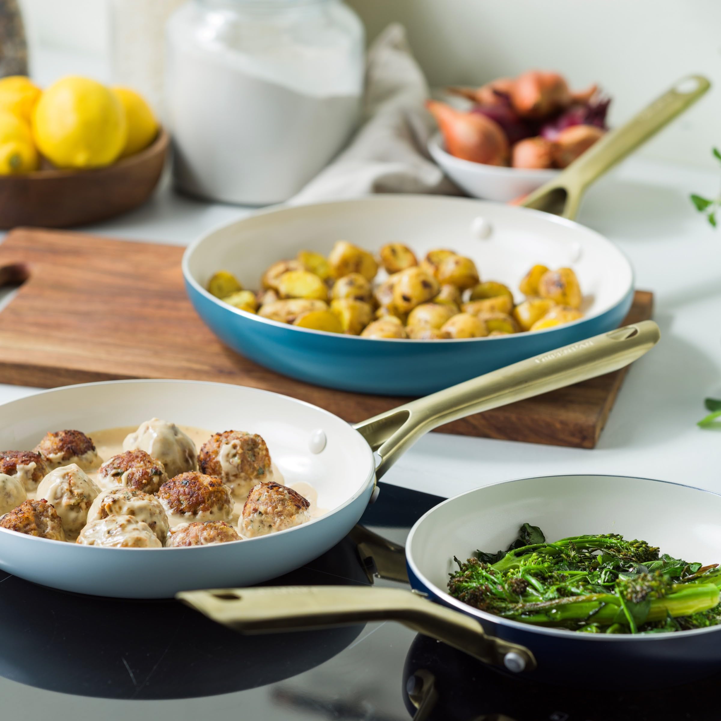 GreenPan Shades Set 3 Padelle Ceramica Antiaderente, Ø 20/24/28 cm, Senza PFAS, Alluminio Riciclato, Compatibile Induzione, Adatte al Forno 220 °C, Lavastoviglie, Coastal