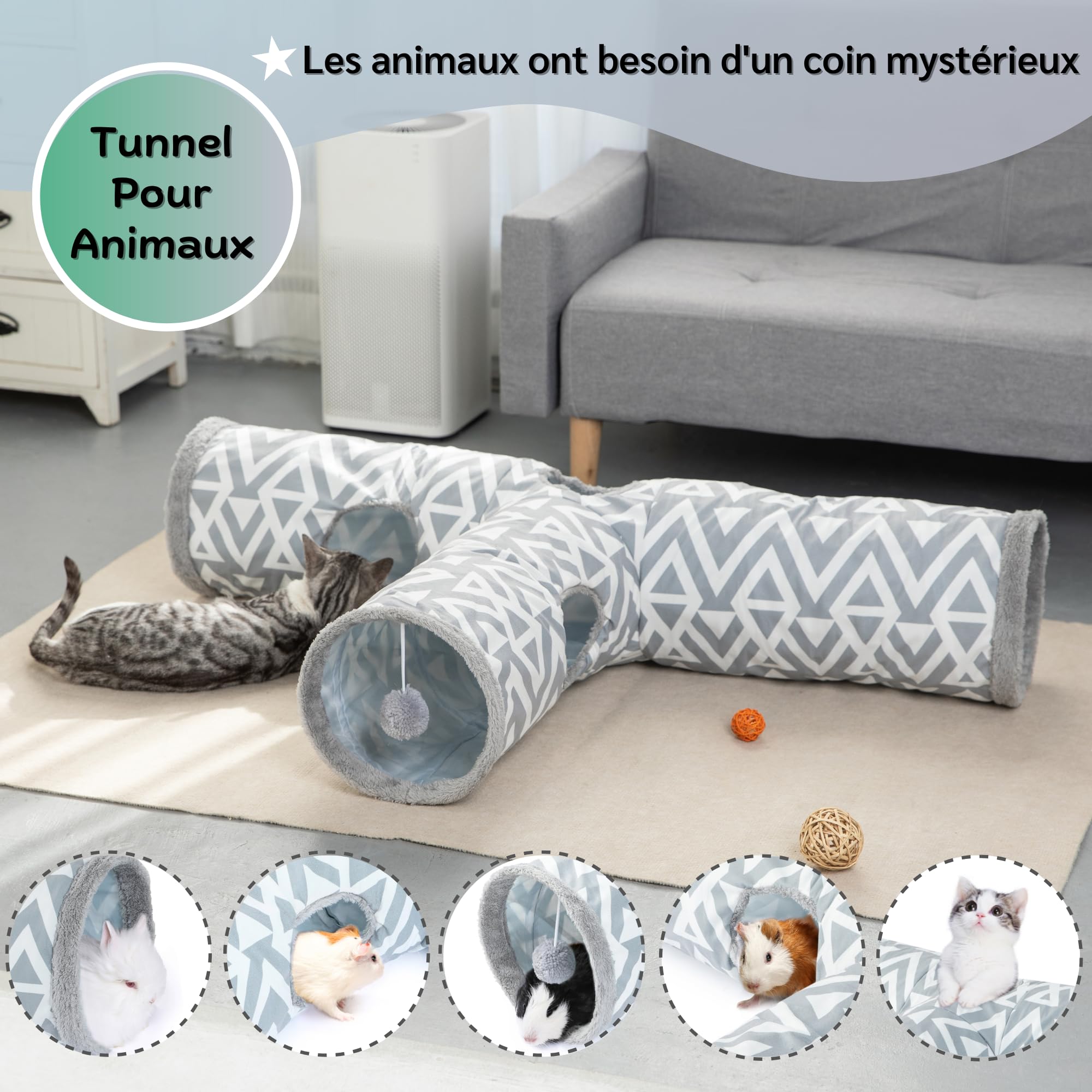 JanYoo Tunnel pour Chat et Lapin - Tunnel de Jeu en Peluche 3 Voies - Jouet pour rongeurs Trou d'espionnage interactif - Ø 26 cm - Gris