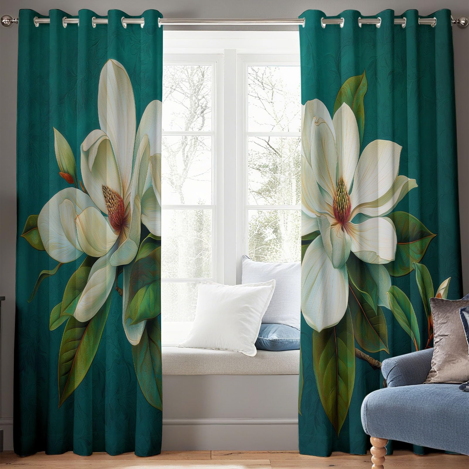 Izolowane termicznie zasłony zaciemniające do domu na zimno i ciepło 100% zaciemnienie kwiaty magnolii malowane olejnie są eleganckie, akustyczne z oczkami do salonu sypialni 2 sztuki, zielone, 117 x