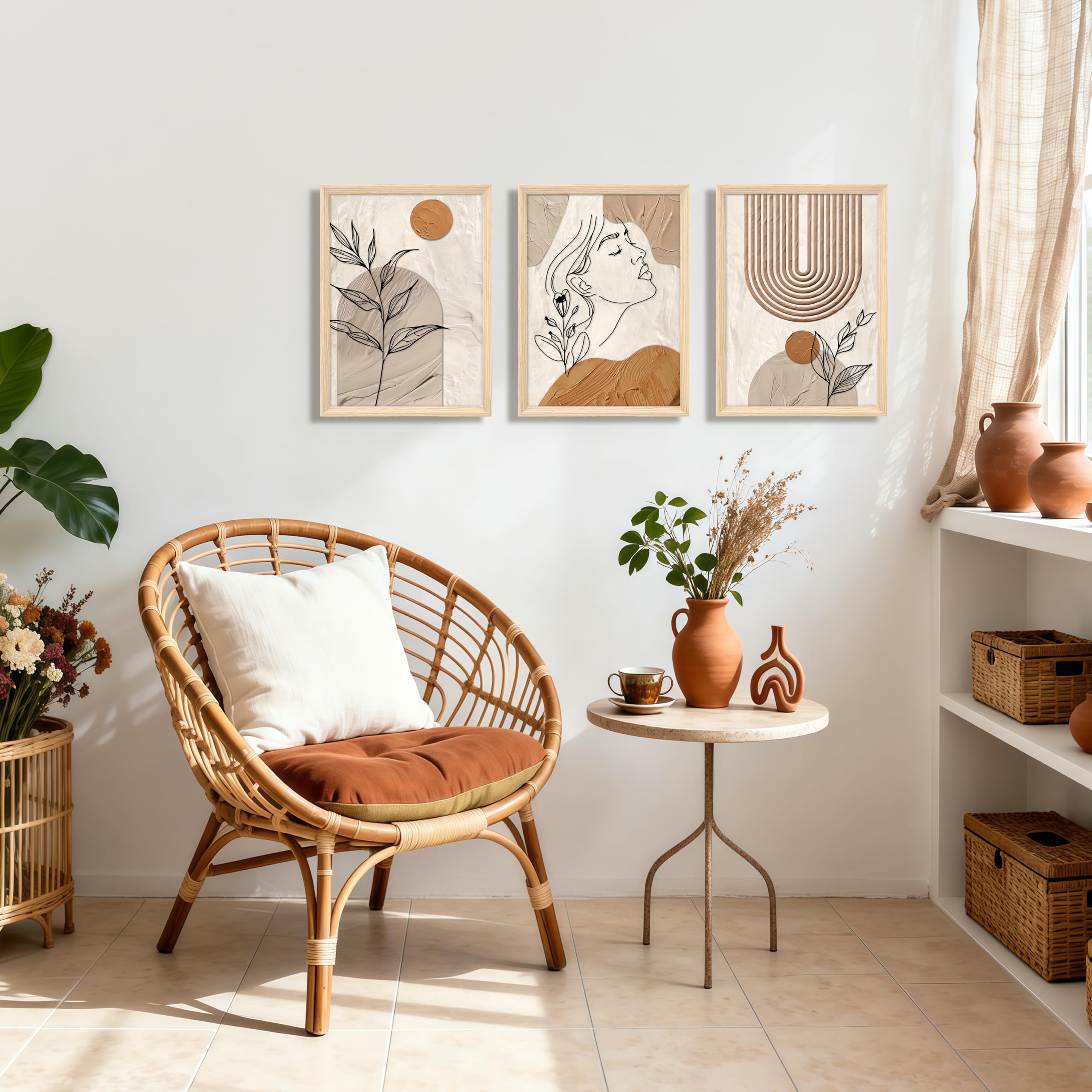 3 Pcs Wooden Framed Canvas Wall Art Set Bohemian Sage Green Canvas Prints Poster Geometric Line Beige Green Pictures for Living Room Bedroom Dinning Room Hallway Stairs Wall Decor 30x40cm x3pcs — view 515