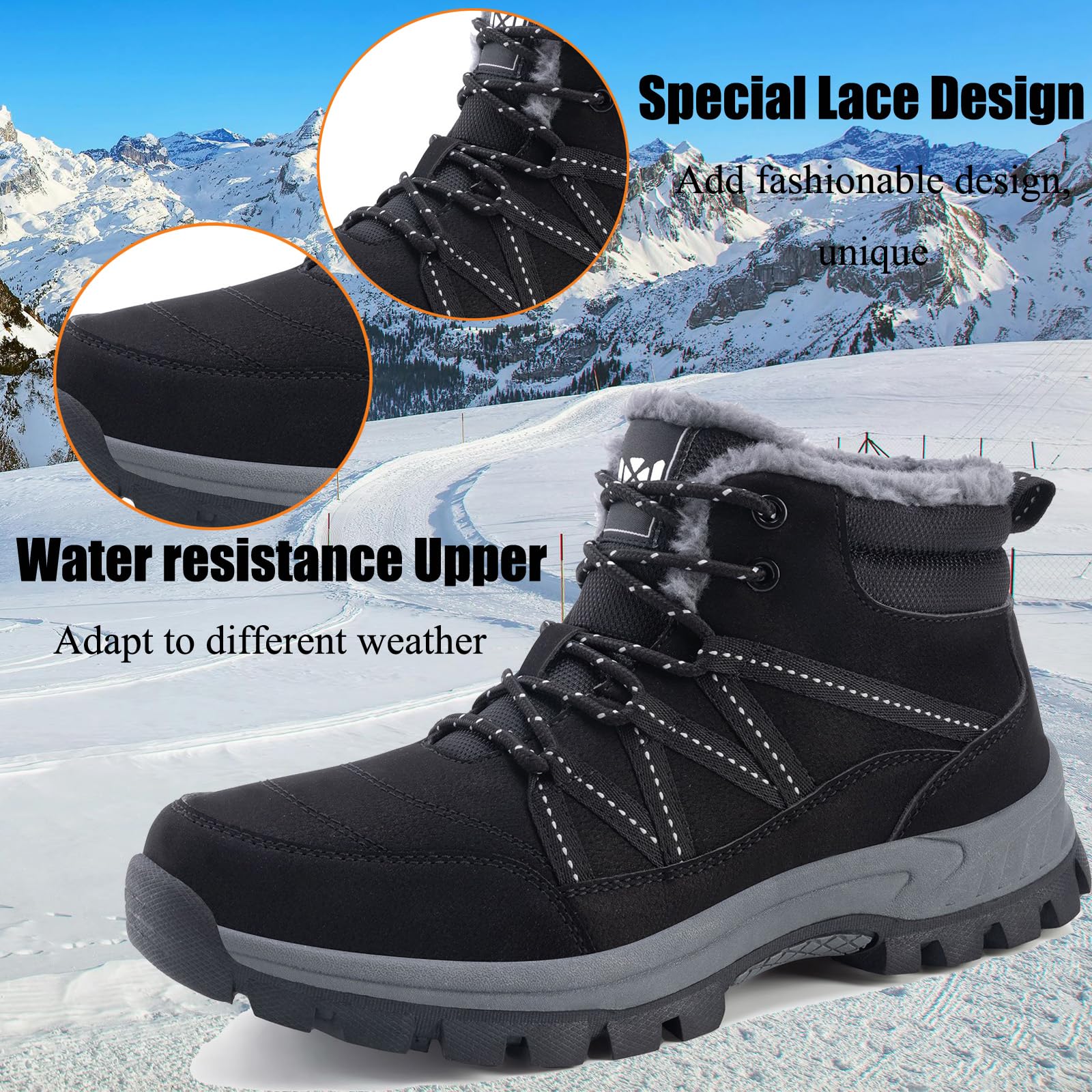 Schneestiefel für Herren mit Fell gefüttert rutschfeste Winterstiefel leicht wasserdicht Stiefeletten Outdoor-Wanderstiefel