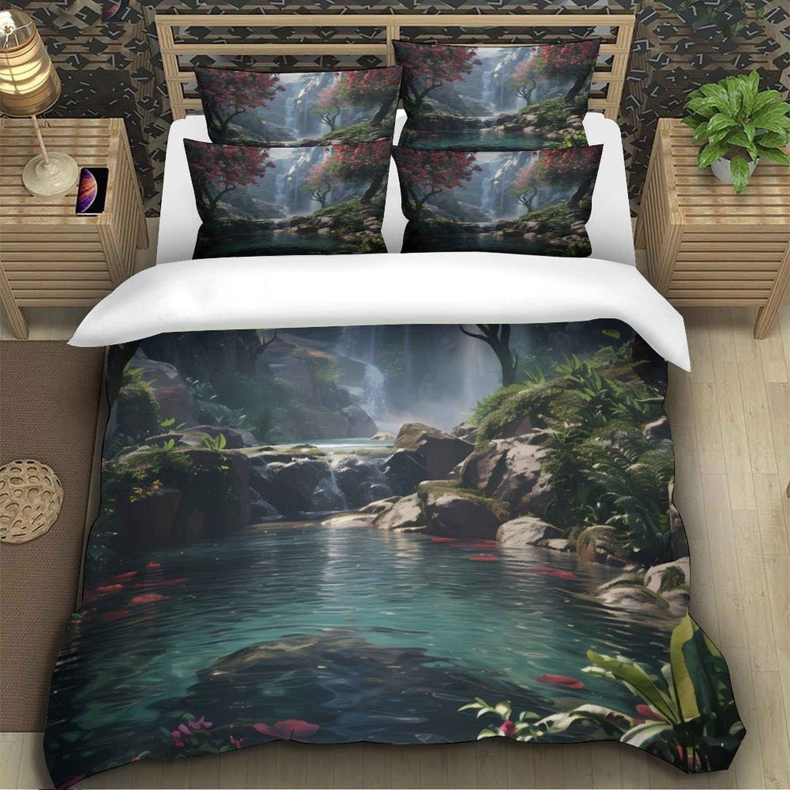 scena della cascata Impressione 3D 3 pz coperteletto natura fantasia arte fodera per edredone microfibra traspirante antiacari per bambini adolescenti adulti Super king（260x220cm）