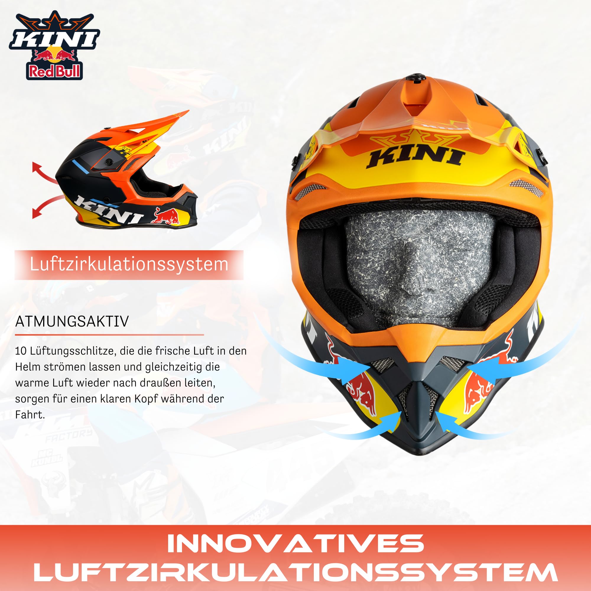 Kini Red Bull Motocross Helm Herren [Premium] Geprüfter Motorradhelm für Renneinsatz - Crosshelm als Enduro Helm Downhill Helm einsetzbar - Motocross Helm Brillenträger geeignet