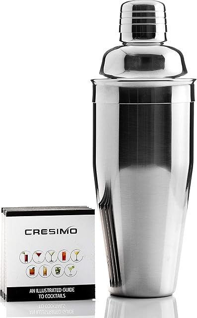 750ml Cocktail Shaker with Drink Recipes Booklet - Stainless Steel Cocktail Making Kit w/ Built-In Bartender Strainer, Cocktail Shakers Bar Accessories & Cocktail Mixer Book for the Home Bar - Cresimo
