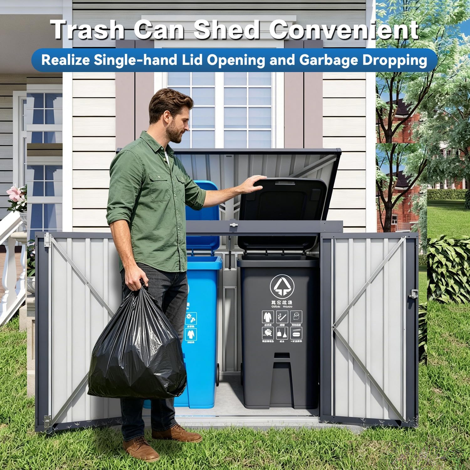 Outdoor Trash Can Storage Shed for 2 Bins, Metal Storage Shed Outdoor Garbage Bin Shed,Waterproof Galvanized Steel Outdoor Bin Shed for Trash Bins,Toys,Garden Tools