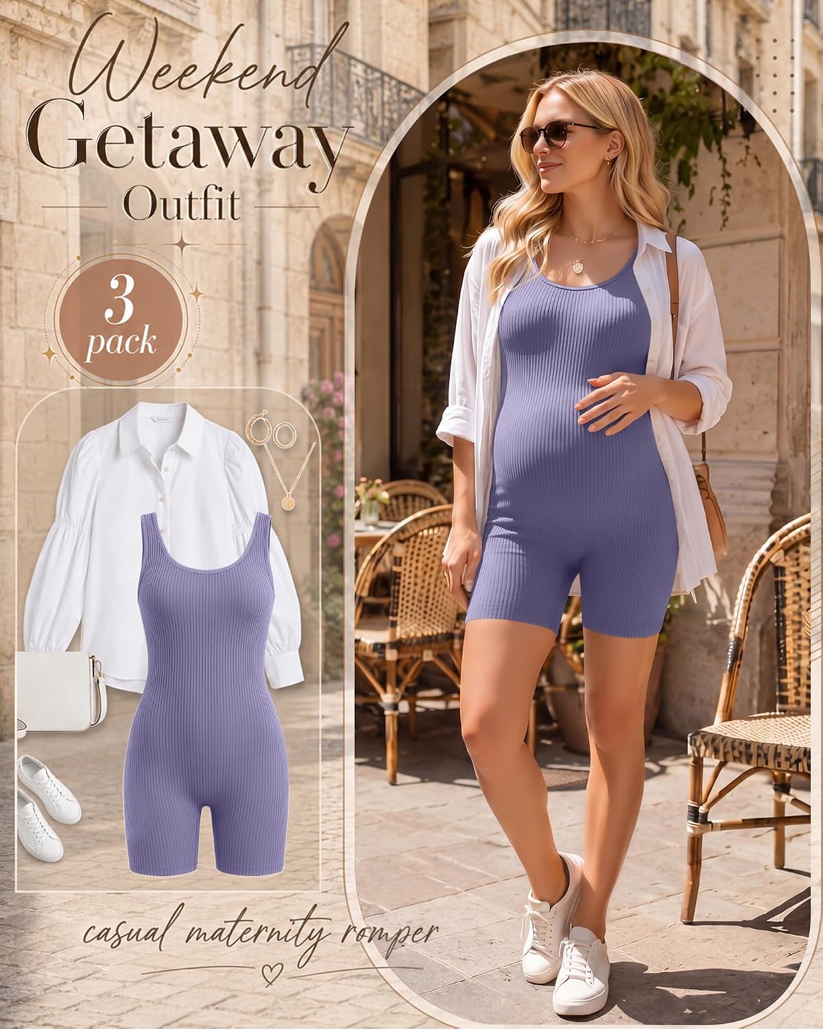 3 Pack Women's Maternity Bodysuits Pregnancy Ribbed Cotton Jumpsuit Yoga Shapewear Sleeveless Tanks Shorts Rompers