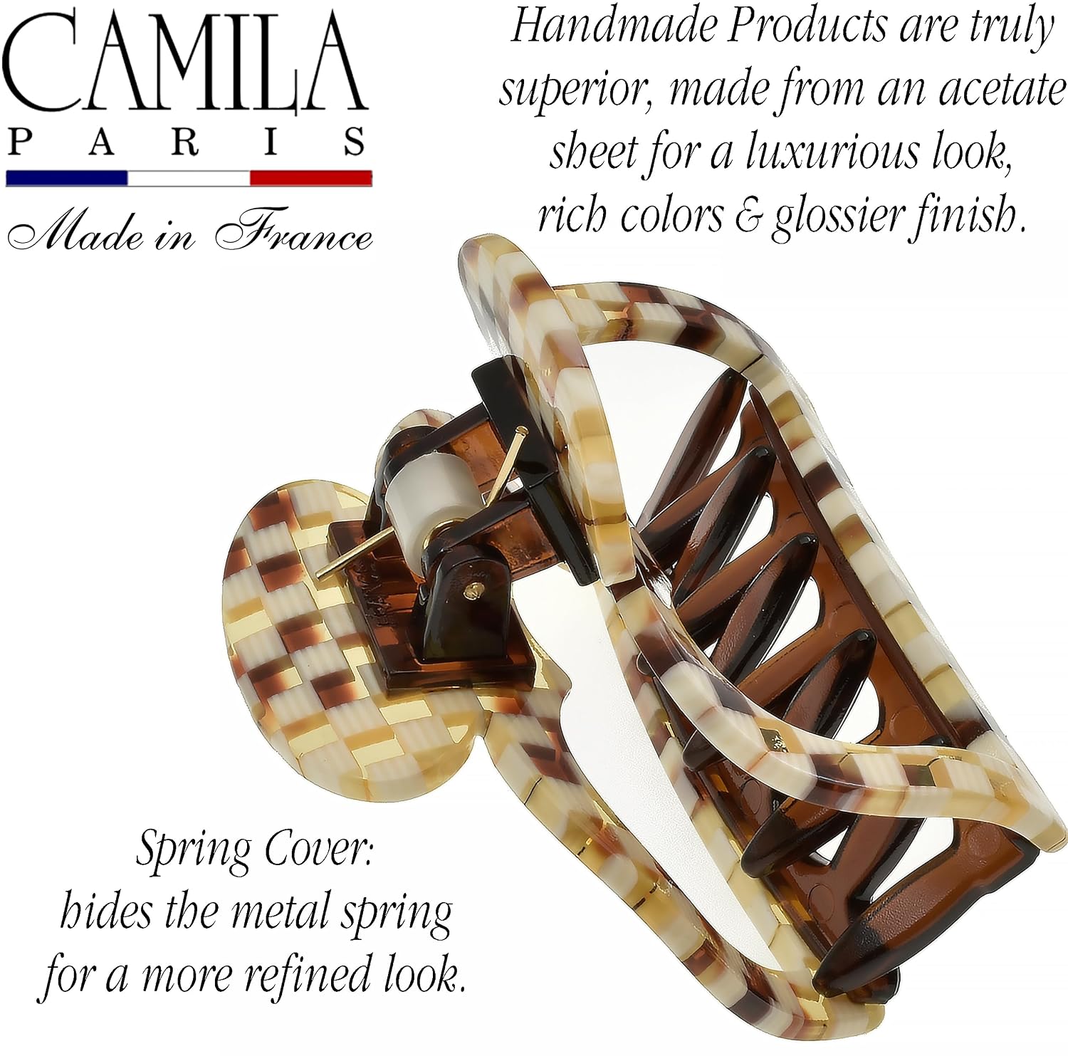 Camila Paris CP3595 French Hair Clip for Women, Small 2.5 inch Handmade, Damier, Girls Hair Claw Clips Jaw Fashion Durable Styling Hair Accessories for Women, Strong Hold No Slip Grip. Made in France