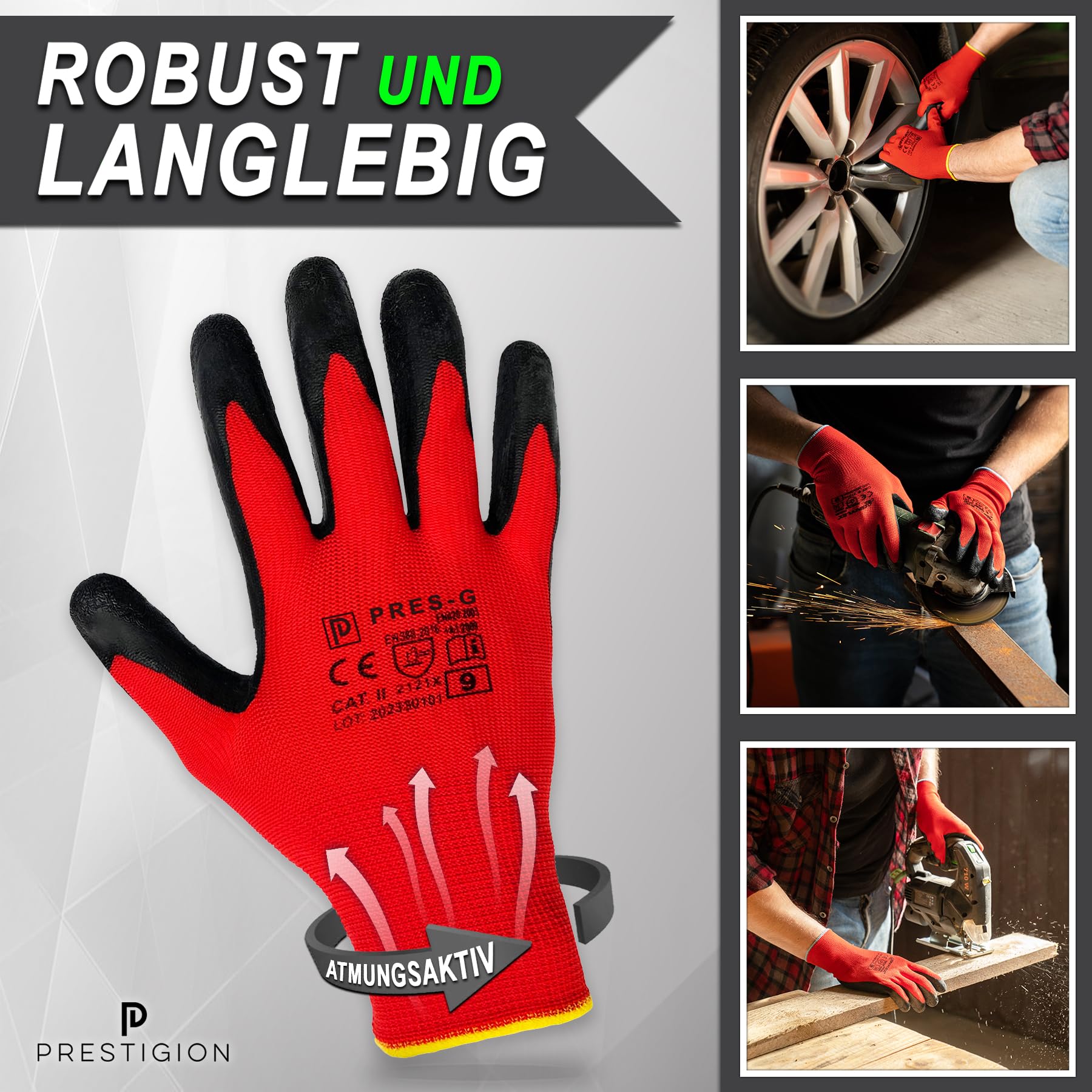 Arbeitshandschuhe Herren Größe 11-XXL (24 Paare) - Latex Handschuhe Arbeit - Abriebfest - Ideal für die Baustelle und Heimwerker oder den Garten