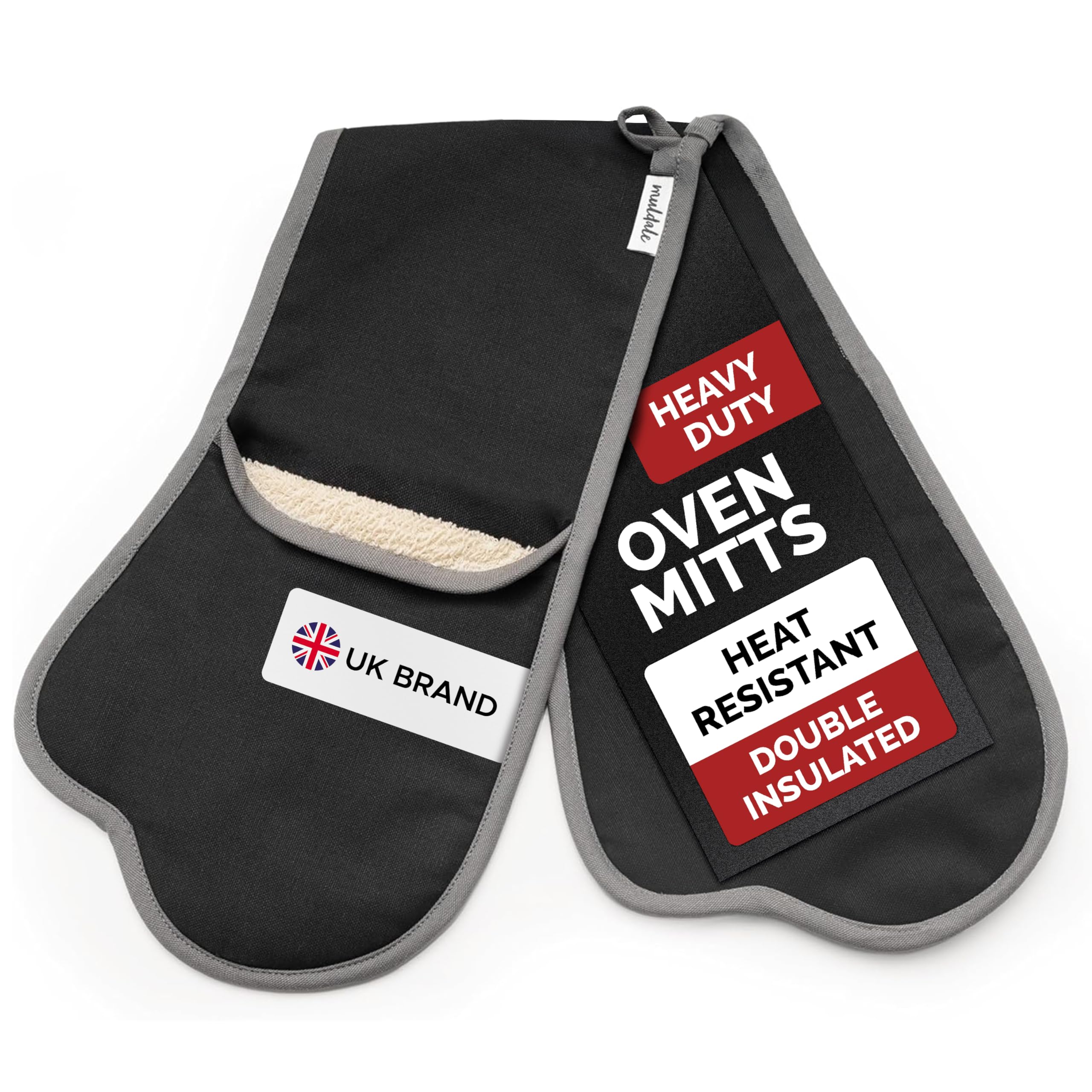 Muldale Double Oven Mitts Attached Heat Resistant in Black - Natural Cotton Extra Thick Insulation - Made in England - Heavy Duty Two Handed Pot Holder Connected - Neutral Kitchen Textiles