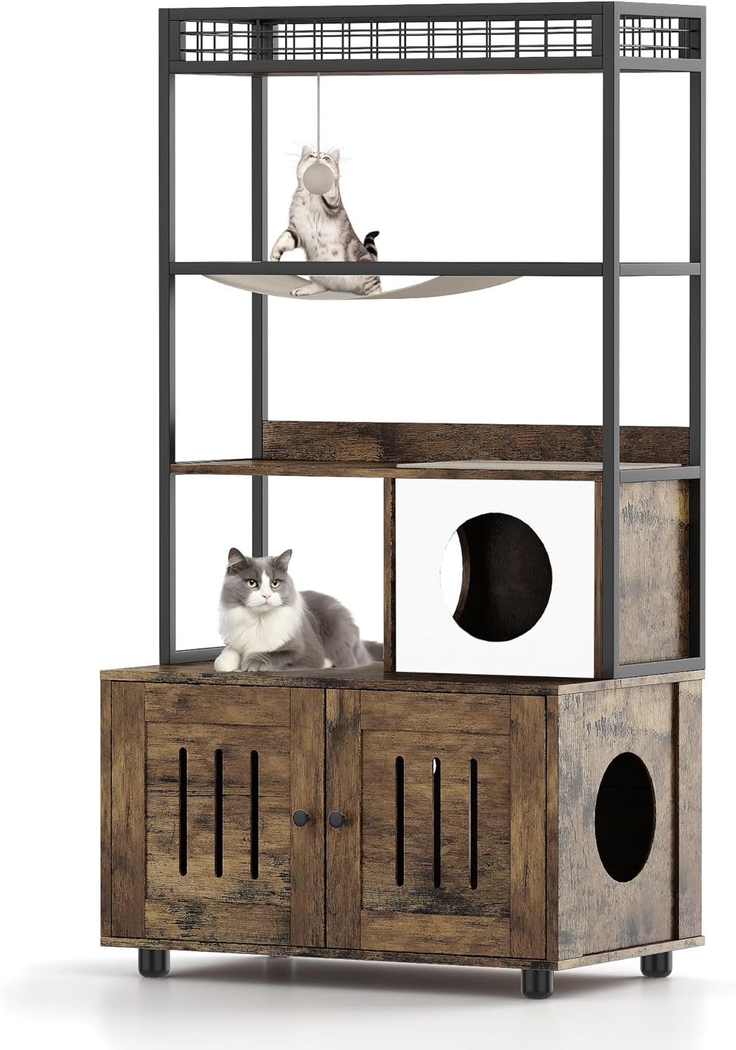 Garvee Cat Litter Box Enclosures with Storage Rack, Enclosed Litter Box Furniture, Hammock, Sisal Balls and Cat Scratching Mat