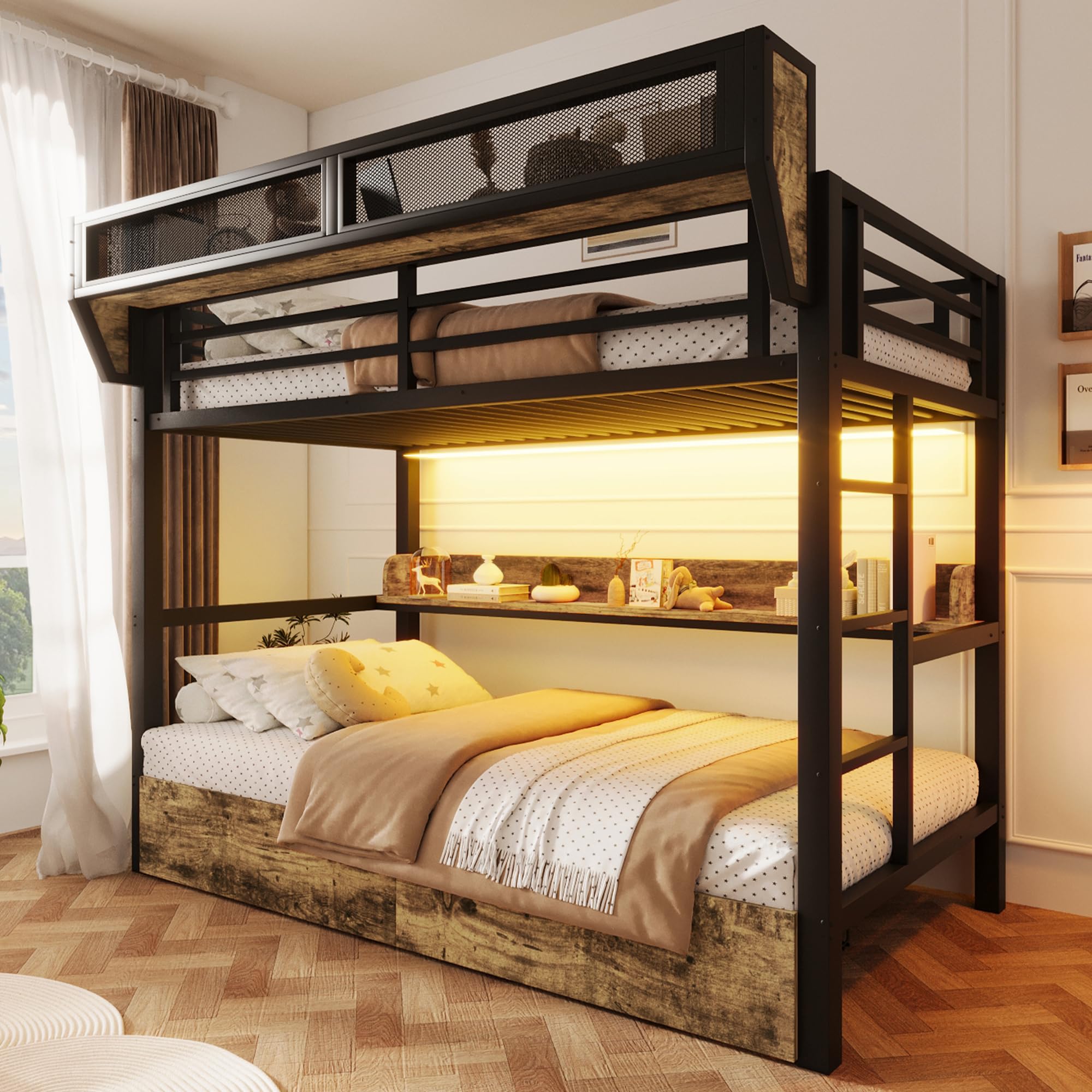 Merax Etagenbett 90x200 cm aus Metall, Kinderbett mit Stauraum & App-LED, Stockbett Metallbett mit 2 Schubladen, Aufbewahrungskorb & Ablagebord, Jugendbett mit Rausfallschutz, ohne Matratze, Schwarz