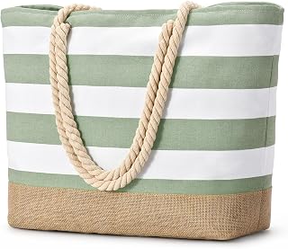 Becokan Large Canvas Beach Tote Bag for Women - Waterproof Sandproof Swim Pool Travel Bag with Zipper & Inner Pockets