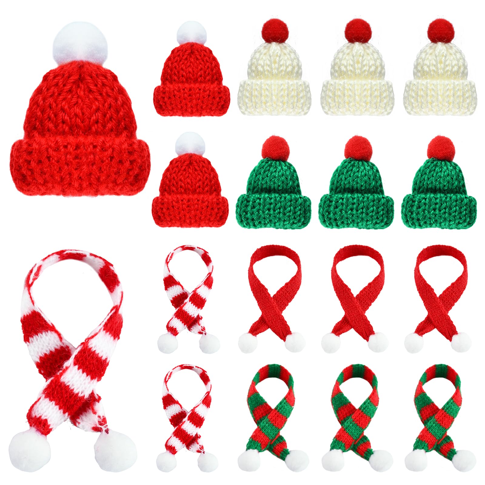 EKKONGMini Christmas Hat and Scarf, Small Christmas Hat and Christmas Scarf, Mini Craft Set, 9 Pieces Small Hats, 9 Pieces Mini Scarf for Christmas Home Decoration
