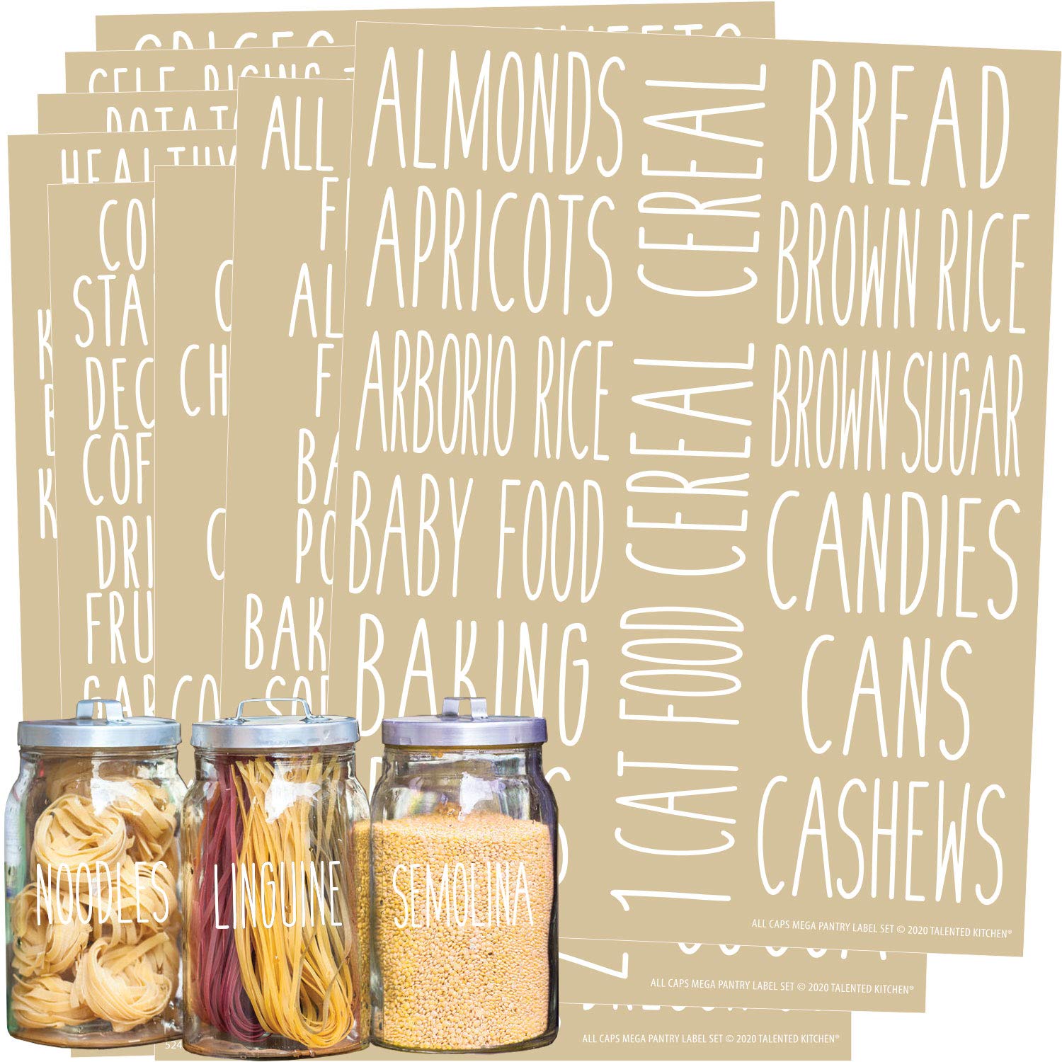 Talented Kitchen136 Pieces Pantry Labels for Food Containers, Preprinted White All Caps on Clear Stickers for Jars, Kitchen Canisters (Water Resistant)