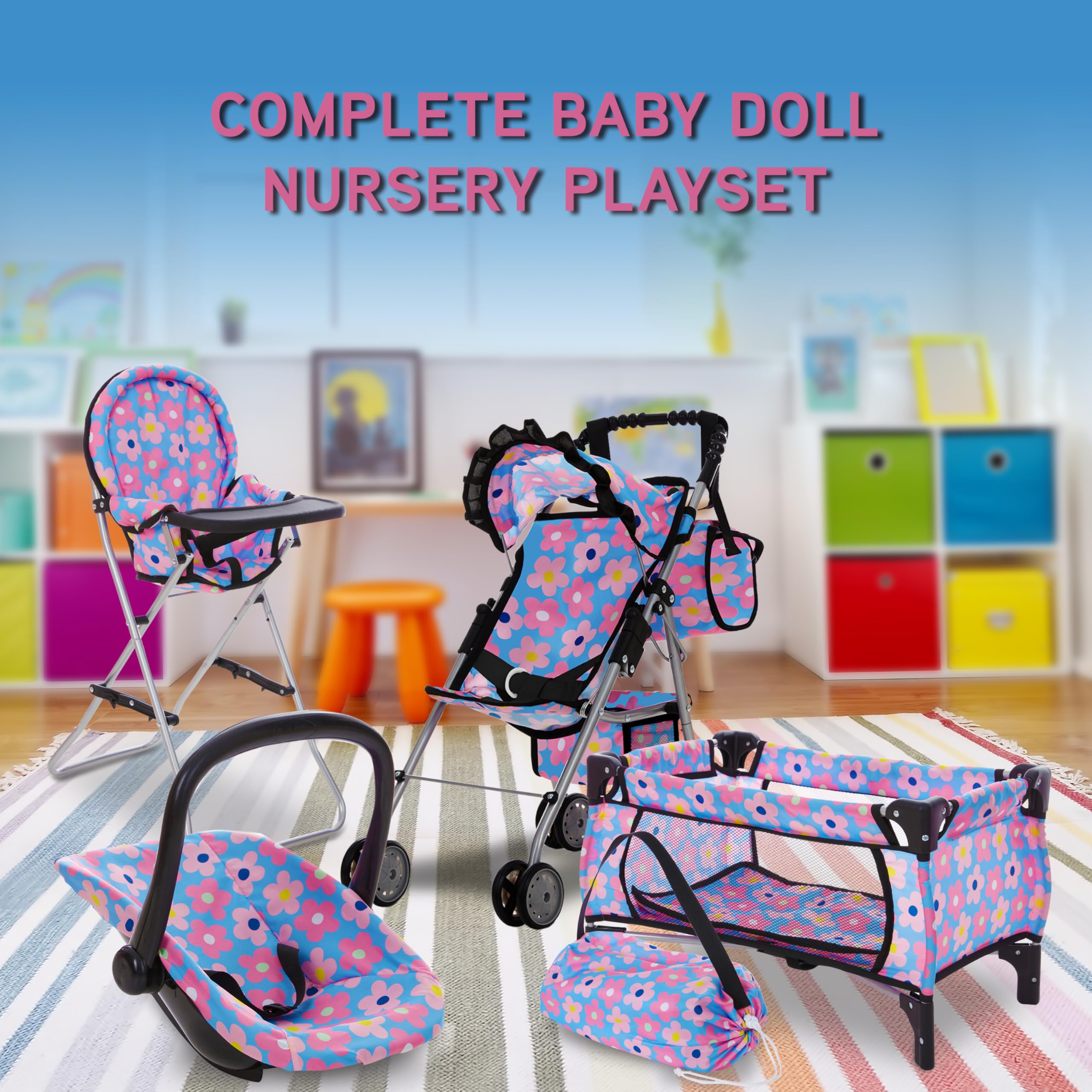 Baby Doll Stroller Bed and Seat Nursery Playset, Baby Doll Accessories Furniture Set High Chair Diaper Bag Role Play Deluxe Baby Doll Blue Set