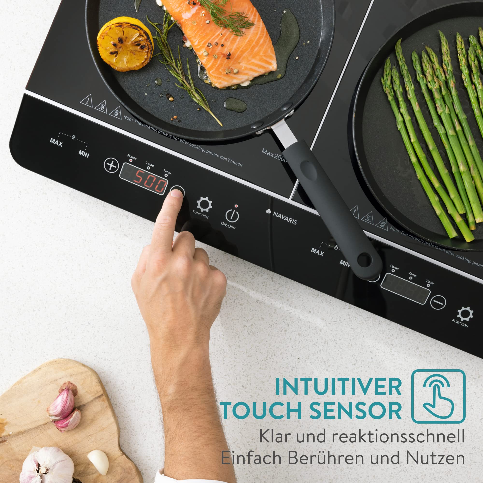 Navaris 2 Platten Induktionskochfeld - Mobil mit 3500 Watt - Tragbares Doppelt Camping Kochfeld - Induktionskochplatte mit Timer Touch-Display und Topf-Erkennung