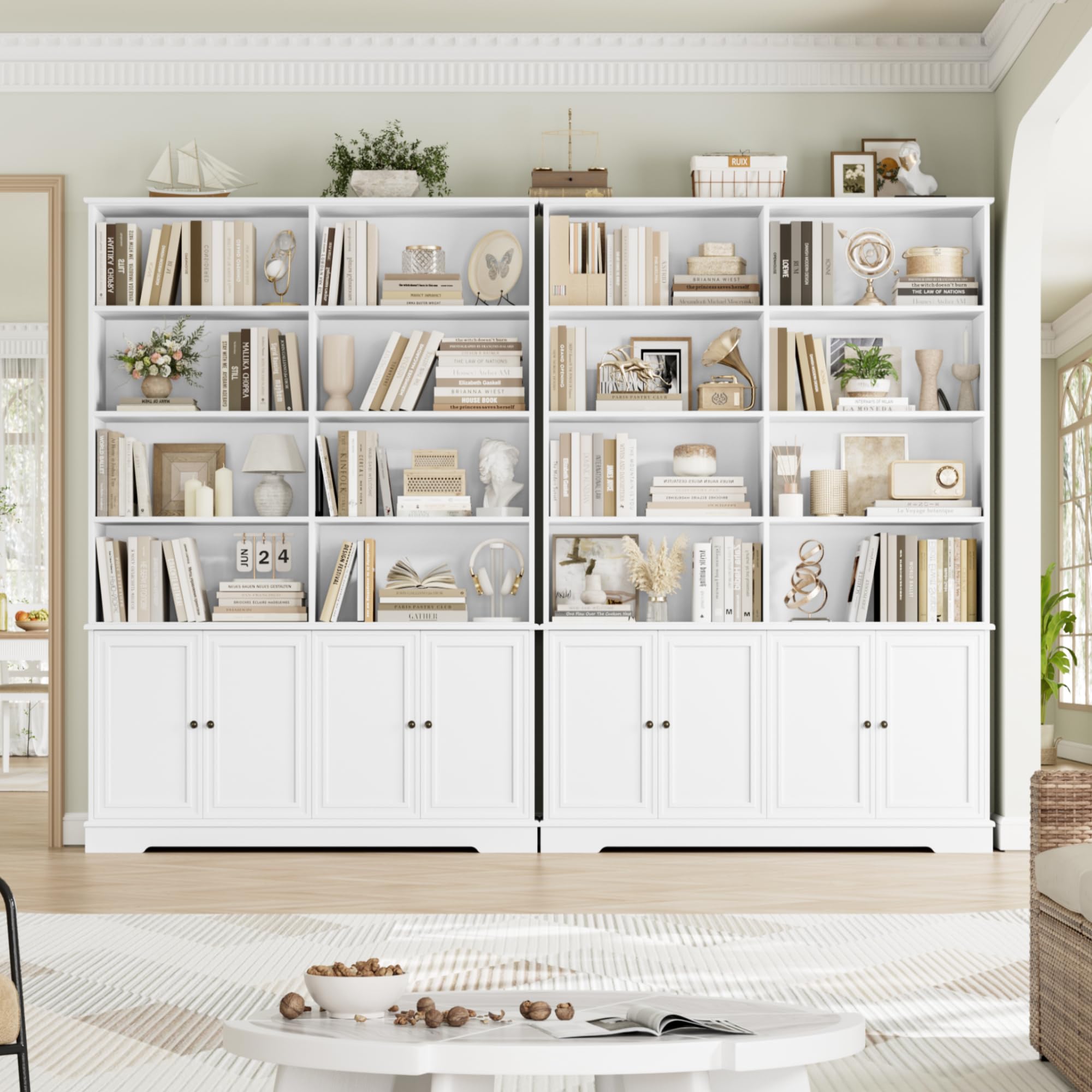 FirFurd 185cm Bücherregal mit Türen Bücherschrank mit 12 Fächern Vitrinenschrank aus Holz Hochschrank Regal mit Türen für Wohnzimmer Arbeitszimmer Büro Küche 185 x 27 x 120cm Weiß