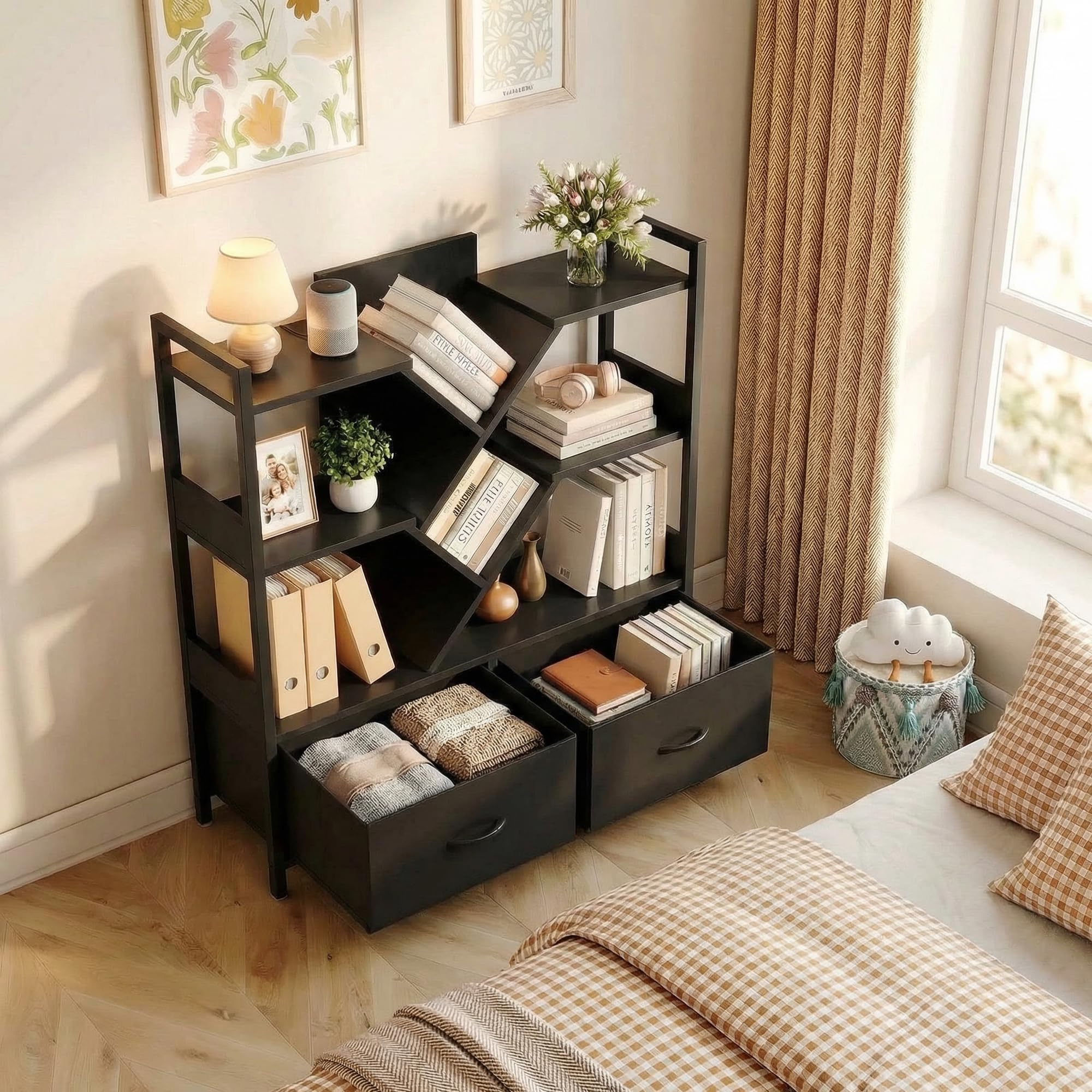 IRONCK Bücherregal mit 2 Schubladen, Baum Regal mit Rollen, Metallrahmen Standregal Würfelregal für Wohnzimmer Schlafzimmer Arbeitszimmer Büro 100x100x32cm (Schwarz)