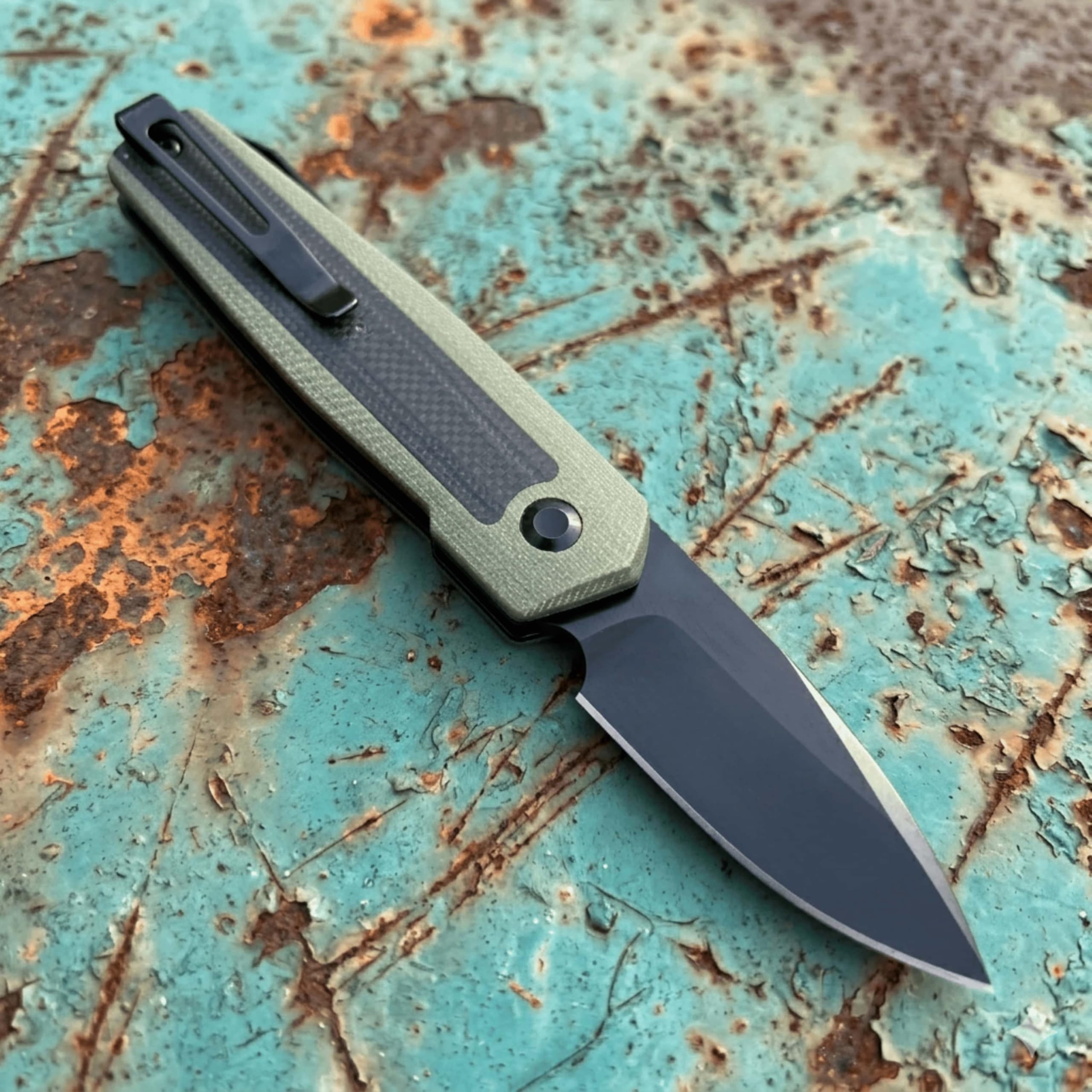 Coltello Tascabile EDC Chiudibile,Lama 5,6 cm con Rivestimento DLC Nero, Impugnatura in G10 Verde Oliva e Intarsi in Fibra di Carbonio, Double-Detent Slip Joint, Hardware in Titanio Satinato