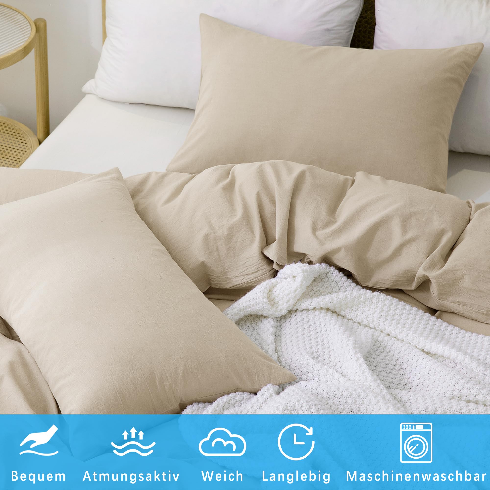 ATsense Ropa de cama 135 x 200 algodón 4 piezas, juegos de ropa de cama lavado en piedra color topo claro similar al lino, Oeko-TEX, hipoalergénico y transpirable, 2 fundas nórdicas y 2 fundas de
