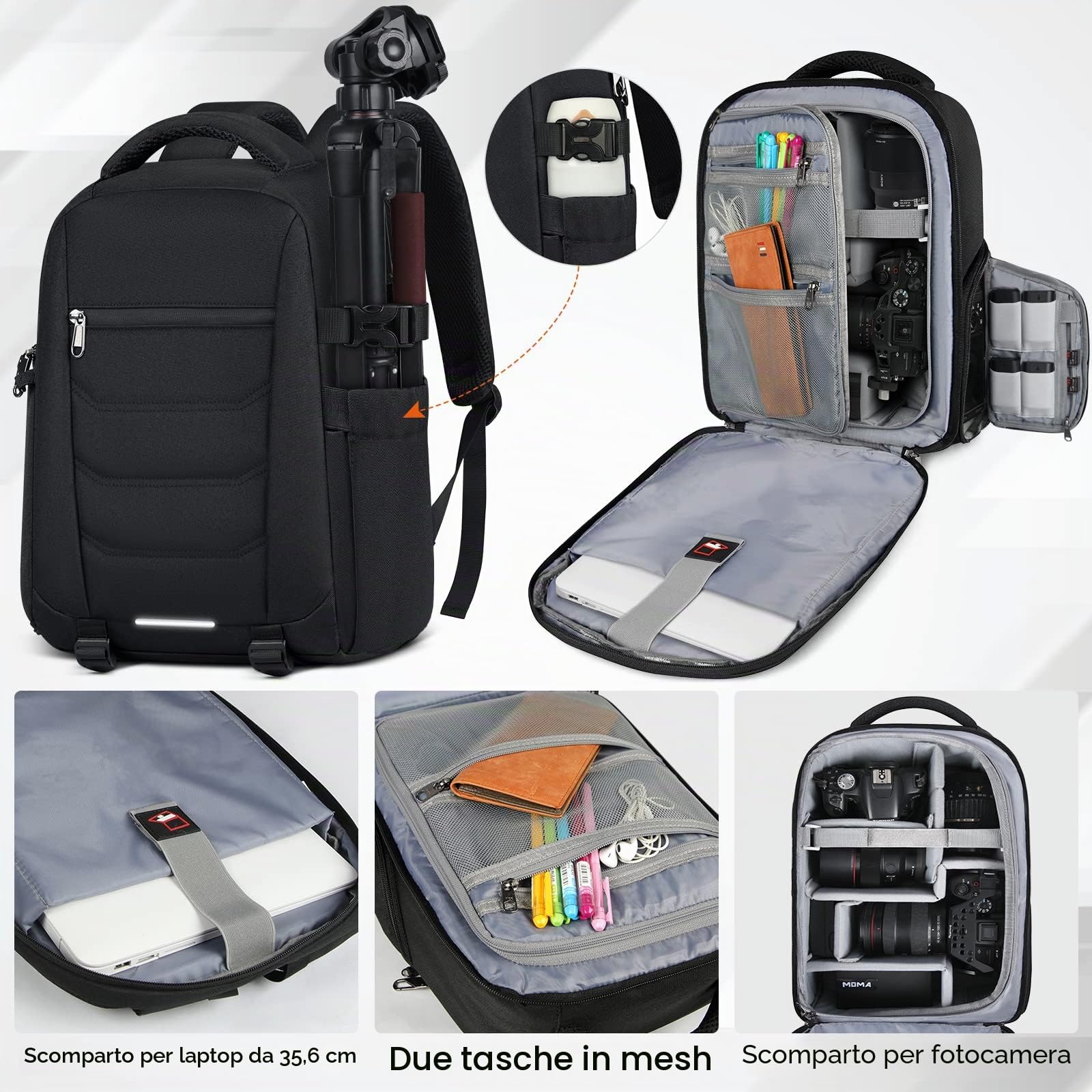 RAINSMORE Zaino Fotografico Professionale Zaini per Macchine Fotografiche Borsa Fotocamera DSLR con scomparto per laptop da 14 Pollici e copertura antipioggia per Canon, Nikon e Sony Nero