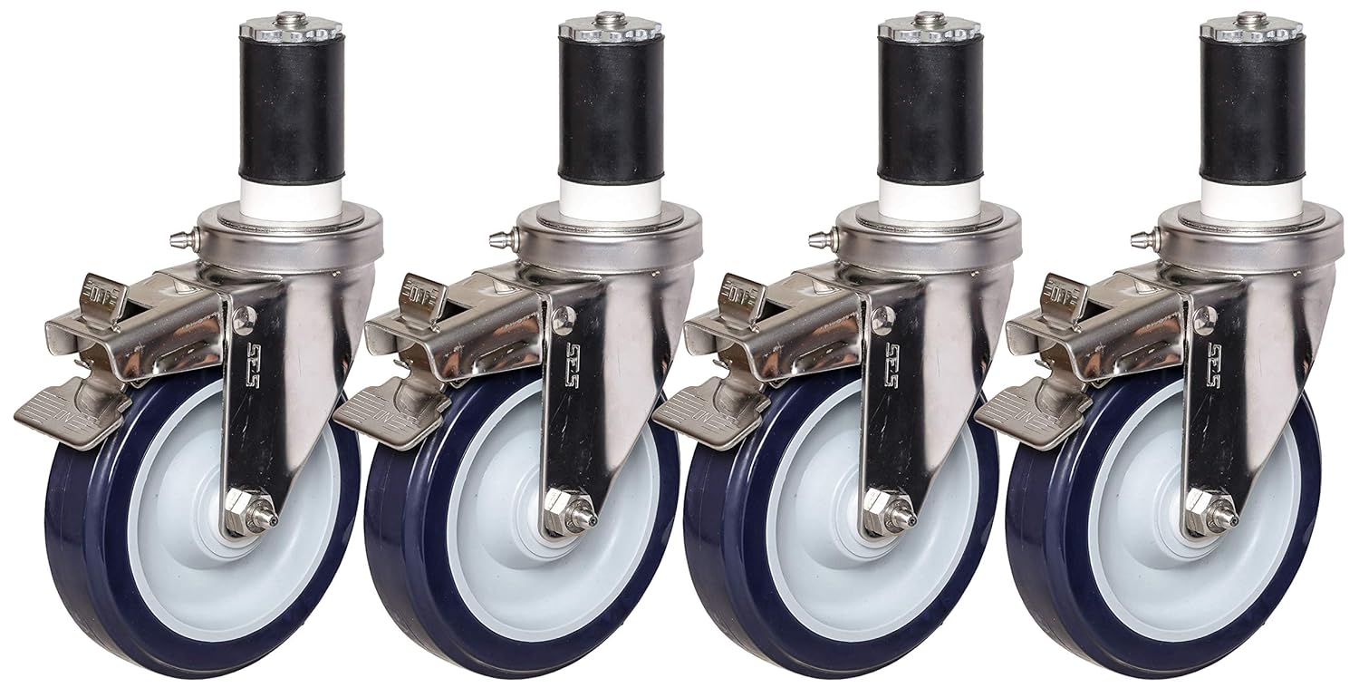 5 Expandable Stem Caster Set | for 1-3/8 ID Tubing | Stainless Steel with Polyurethane Wheels | Total-Locking Brakes