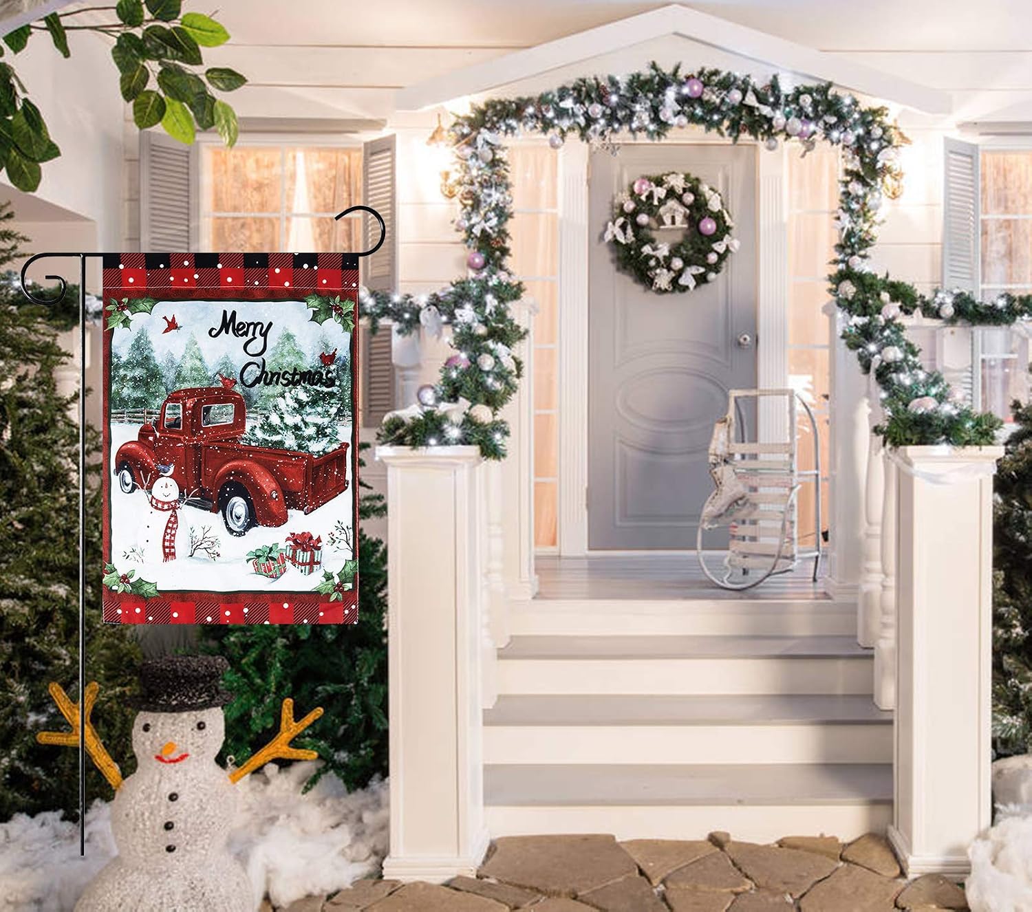 Unves 2 Pack Decorative Merry Christmas Garden Flags 12.5 x 18 Double Sided, Red Black Buffalo Paid Christmas Flag, Winter Holiday Christmas Yard Flag for Outdoor Rustic Farmhouse Porch Decorations