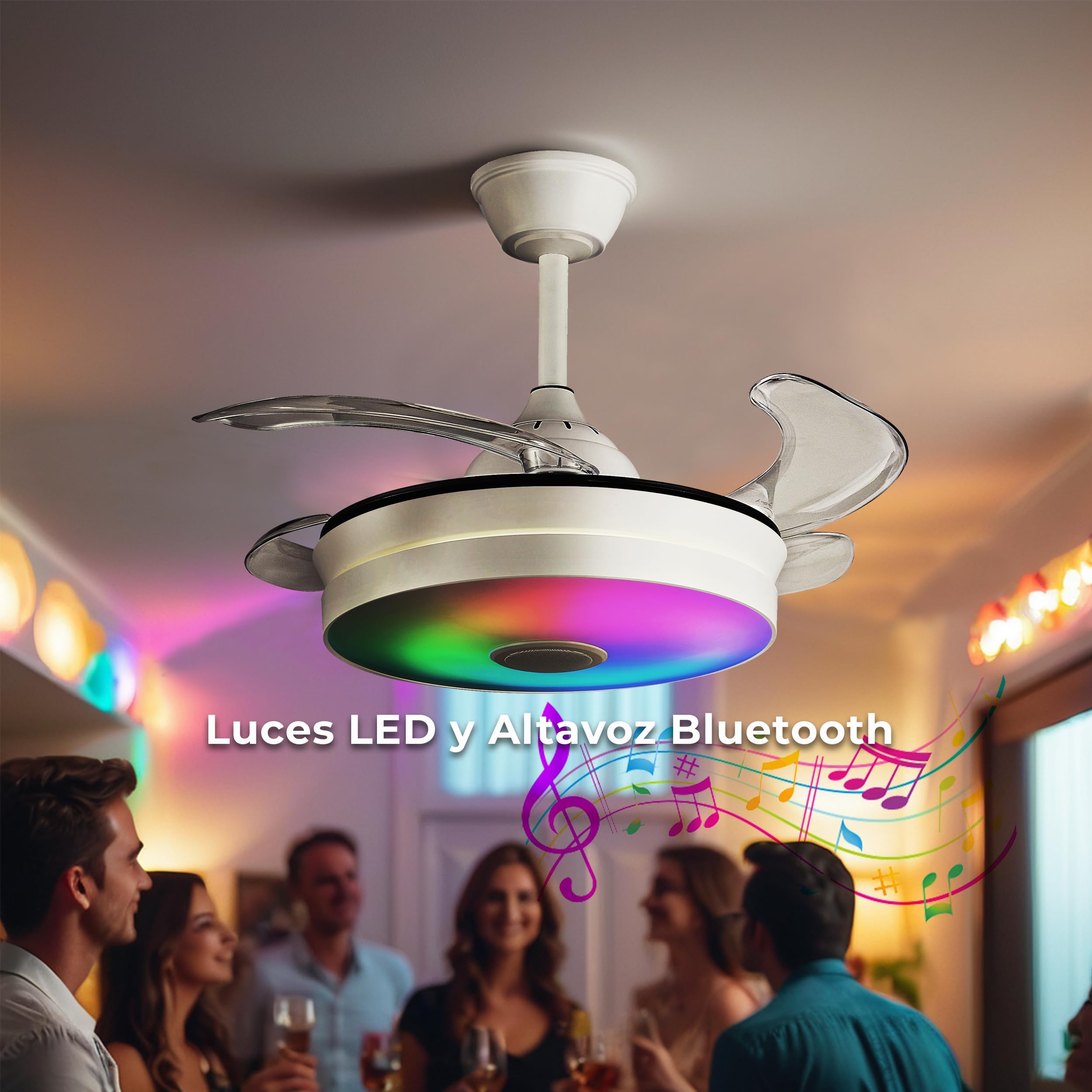 LUMIKING Ventilador de Techo con Luz LED - Aspas Retráctiles, Música y RGB - Silencioso con Lámpara y Moderno con Mando a Distancia, Bluetooth y APP para Salón y Dormitorio (92 cm)