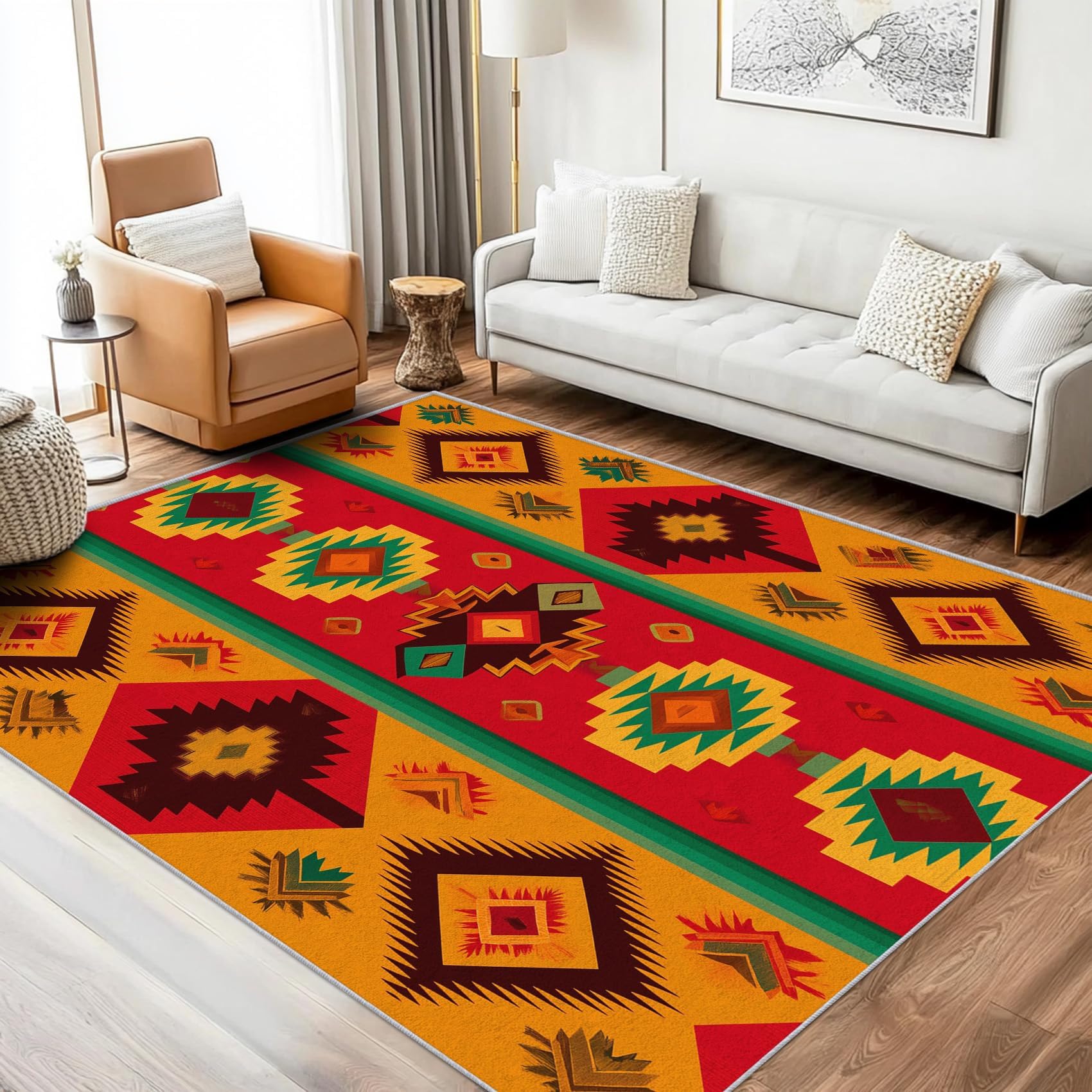 Tapis aztèque orange pour salon et chambre ambiance sud-ouest