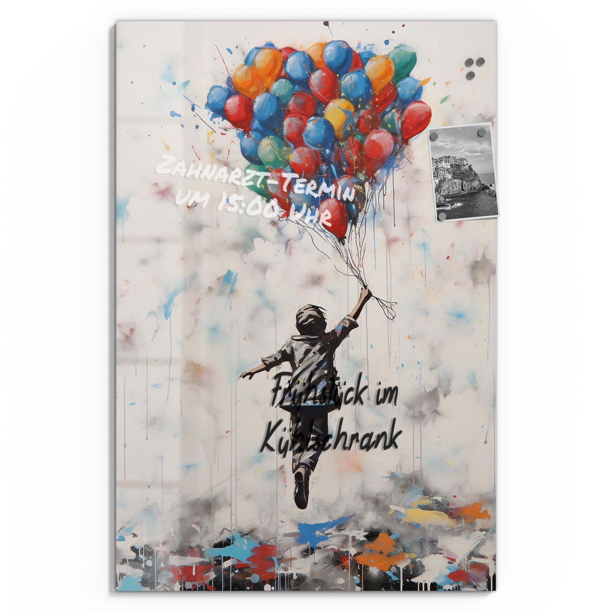 DEQORI Szklana tablica magnetyczna | wymiary 60 x 90 cm | motyw "Wschodzące sny" | tablica memo ze szkła | tablica magnetyczna z magnesami, długopisem i chusteczką do kuchni i biura | tablica