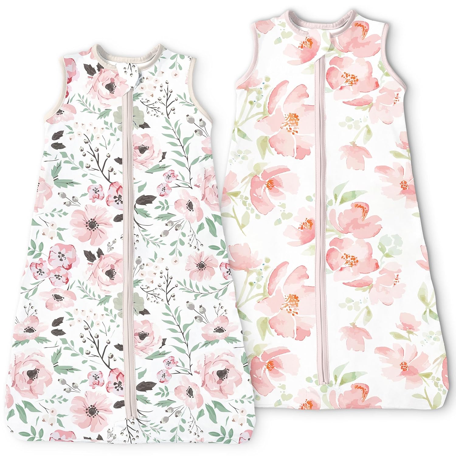 Floral Sleep Sack 6-12-15 months 2-Pack,0.5 TOG Stretchy Summer Wearable Blanket with 2-Way Safe Zippers, Cofy Soft Baby Sleeping Bag for Babies