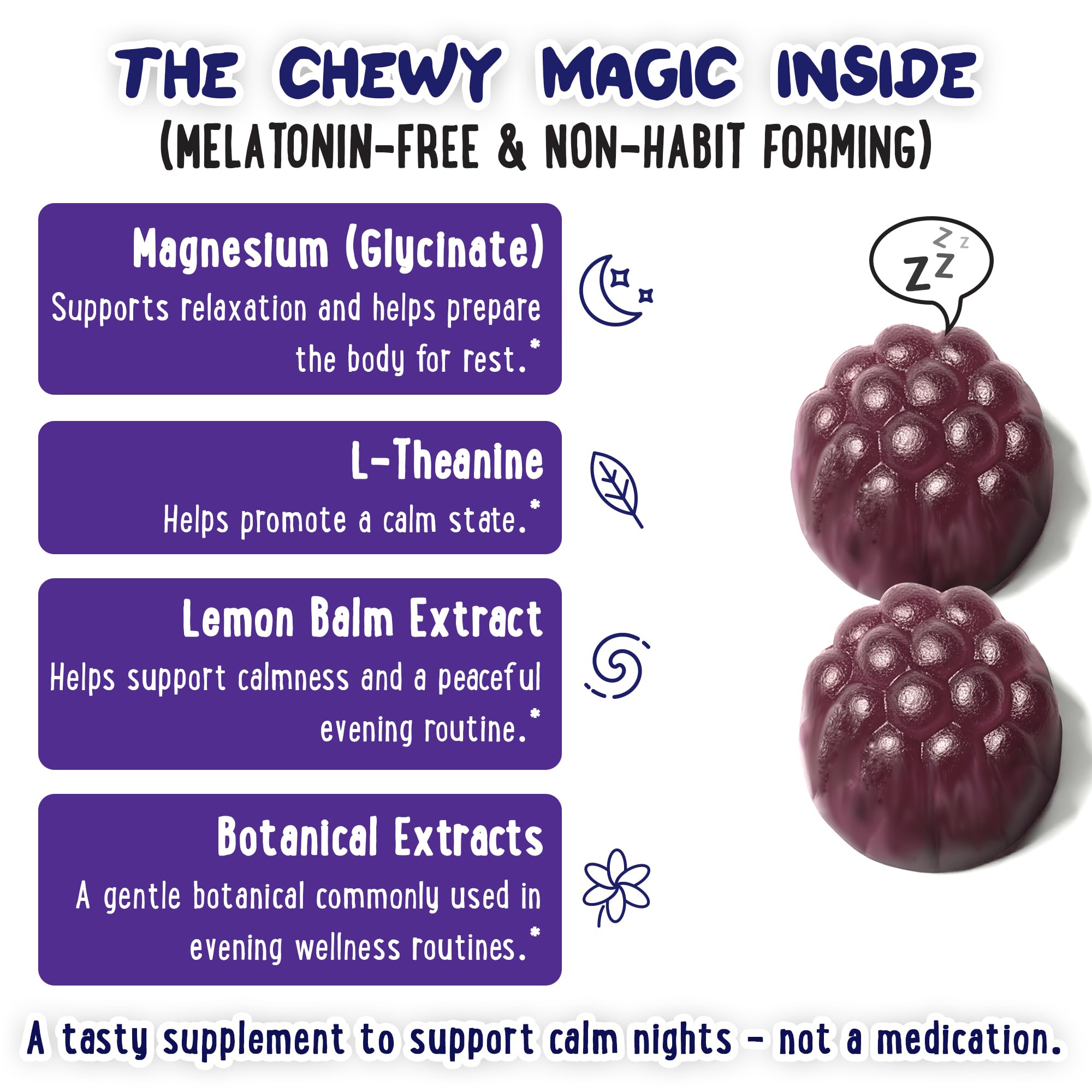OH MY CHEWY Magnesium Glycinate Gummies for Kids & Teens - Sleep & Chillax Sugar-Free and Melatonin-Free Magnesium Supplement with Chamomile, L-Theanine and Lemon Balm - 60 Count