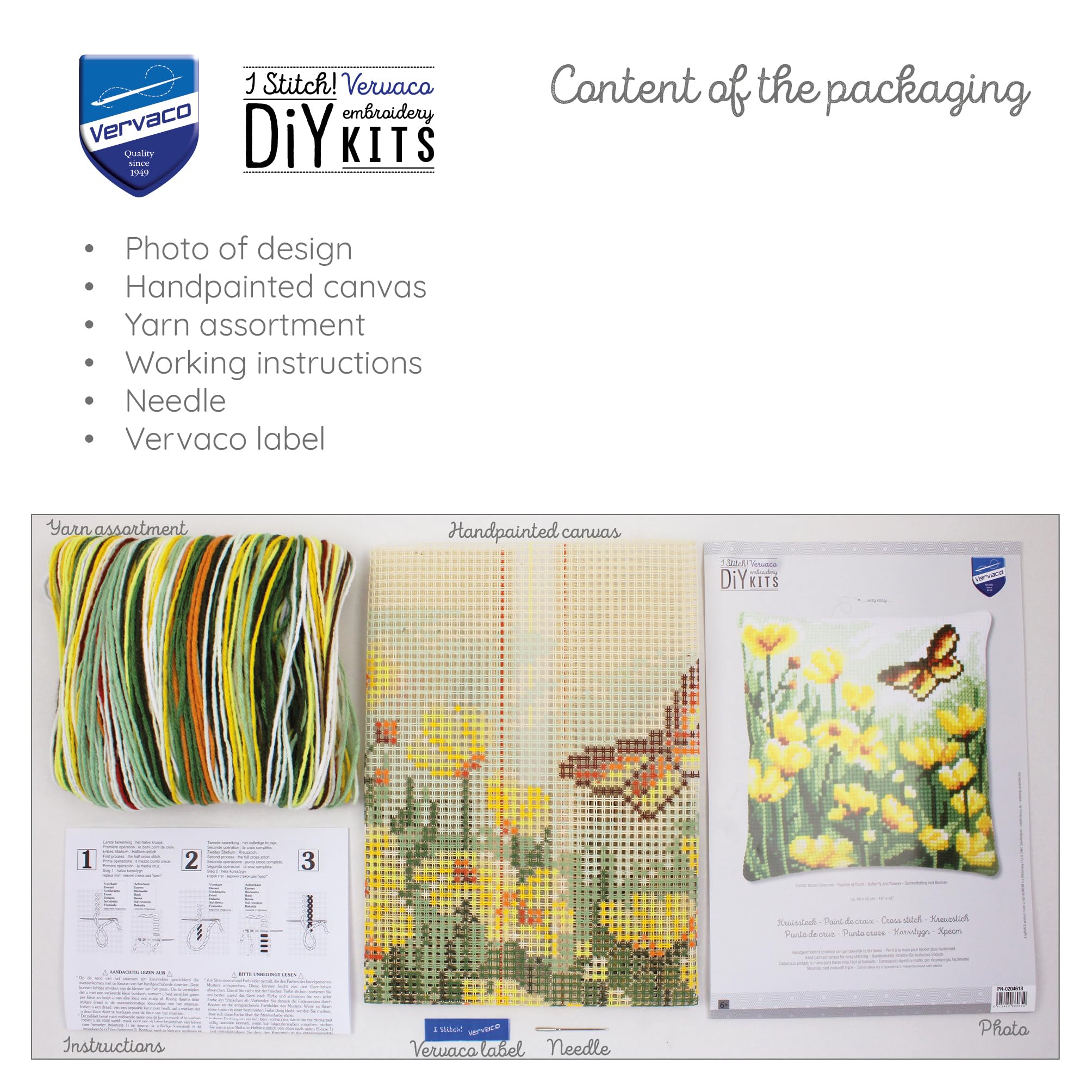 VERVACO Zestaw do Haftu Krzyżykowego Poduszka MOTYLE I KWIATY Kanwa z Nadrukiem 40 x 40 cm Gruba Włóczka Akrylowa Zrób to Sam Dekoracja Domu DIY Cross Stitch Kit