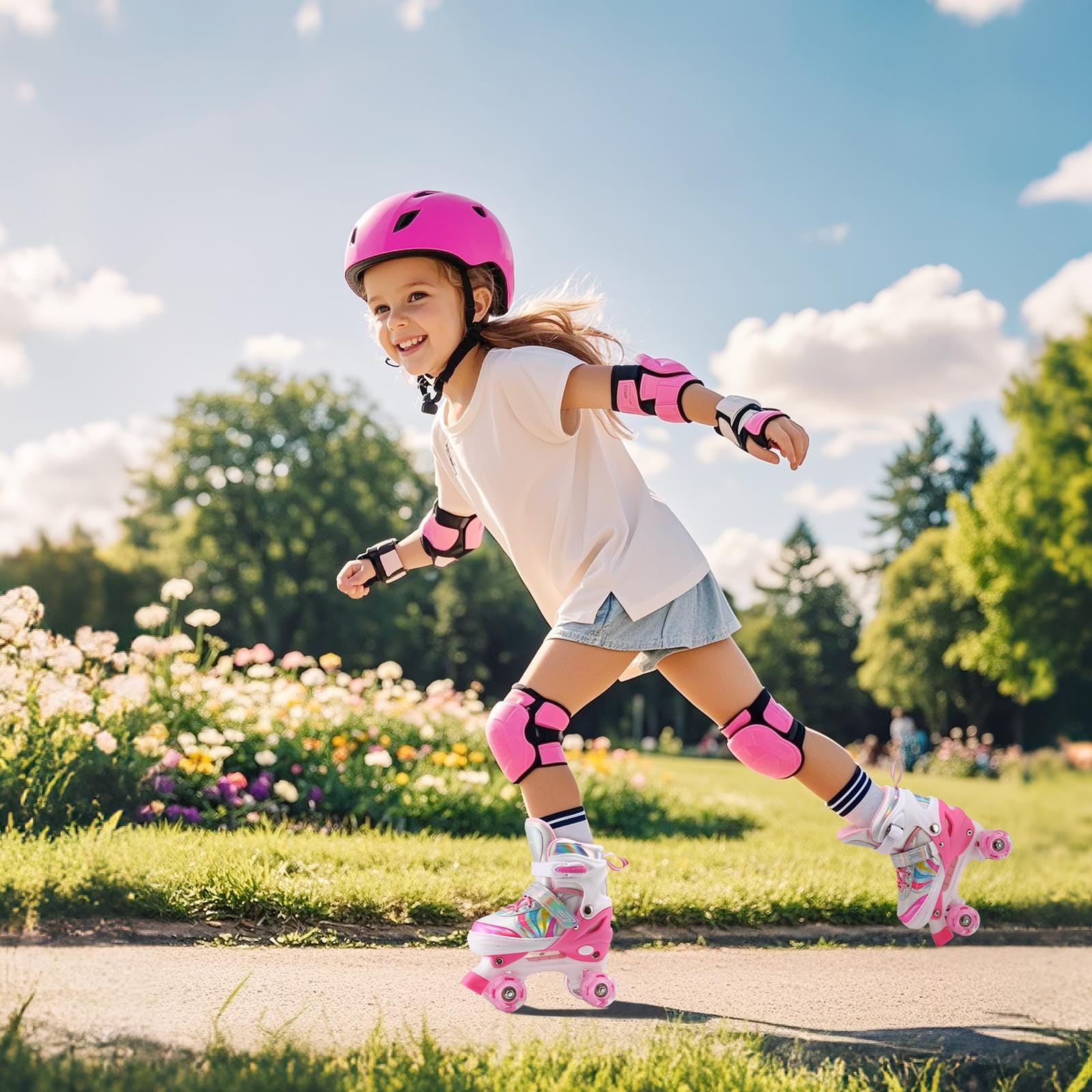 Roller Enfant Fille Patin a Roulette Fille Rollers Quad avec 8 Roues Lumineuses Taille Réglable pour Enfants