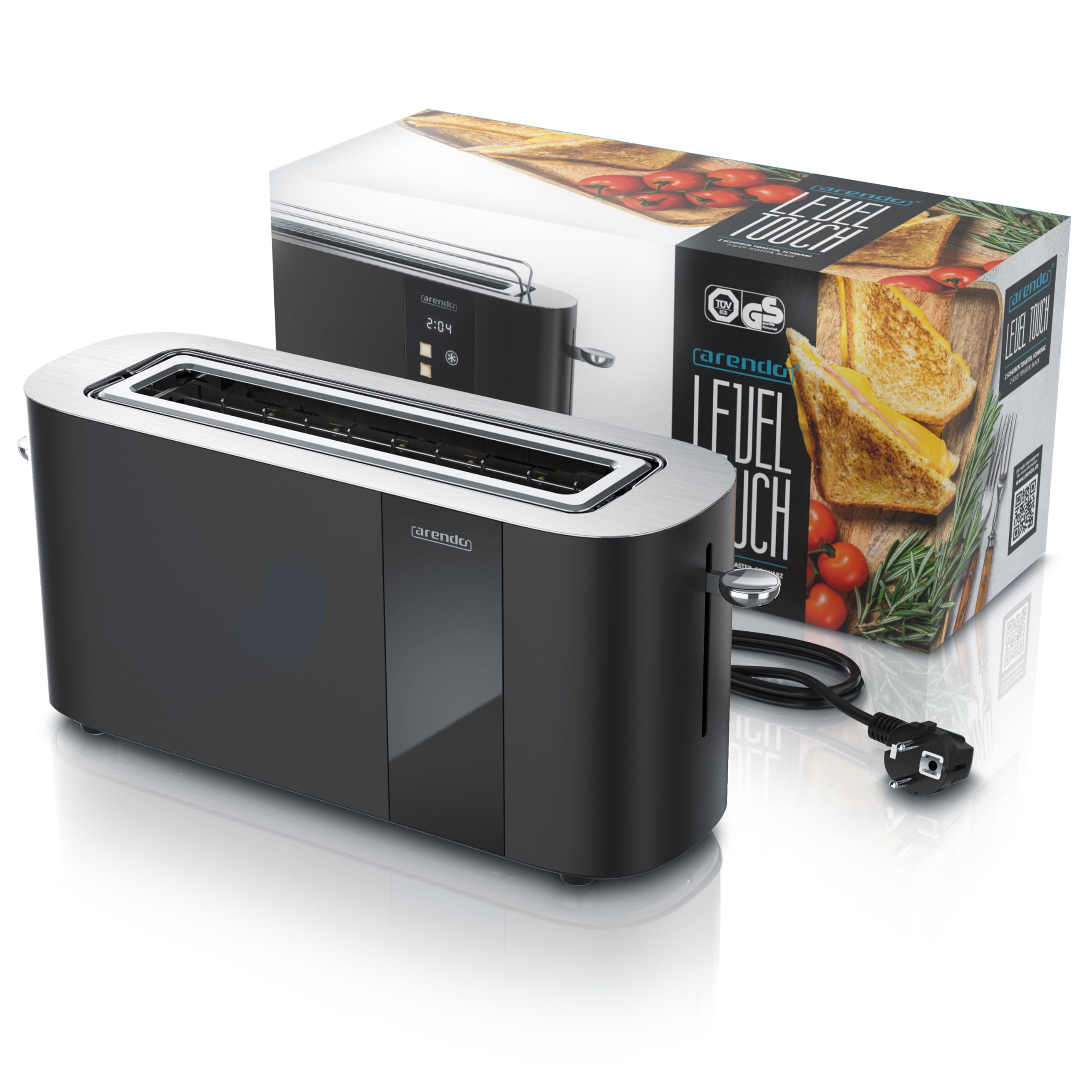 Arendo - Tostapane in acciaio inox con 2 fette a fessura lunga - touch screen - alloggiamento a doppia parete - supporto per panini integrato - 6 gradi di doratura - centraggio del pane