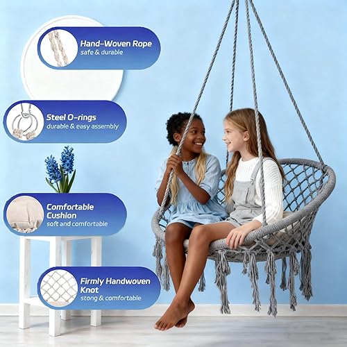 Miniatura 7 de Silla Hamaca Colgante de Macramé con Cojín y Kit de Herrajes, Silla Colgante Bohemia Tejida a Mano para Habitación, Patio, Porche, Balcón, Jardín,