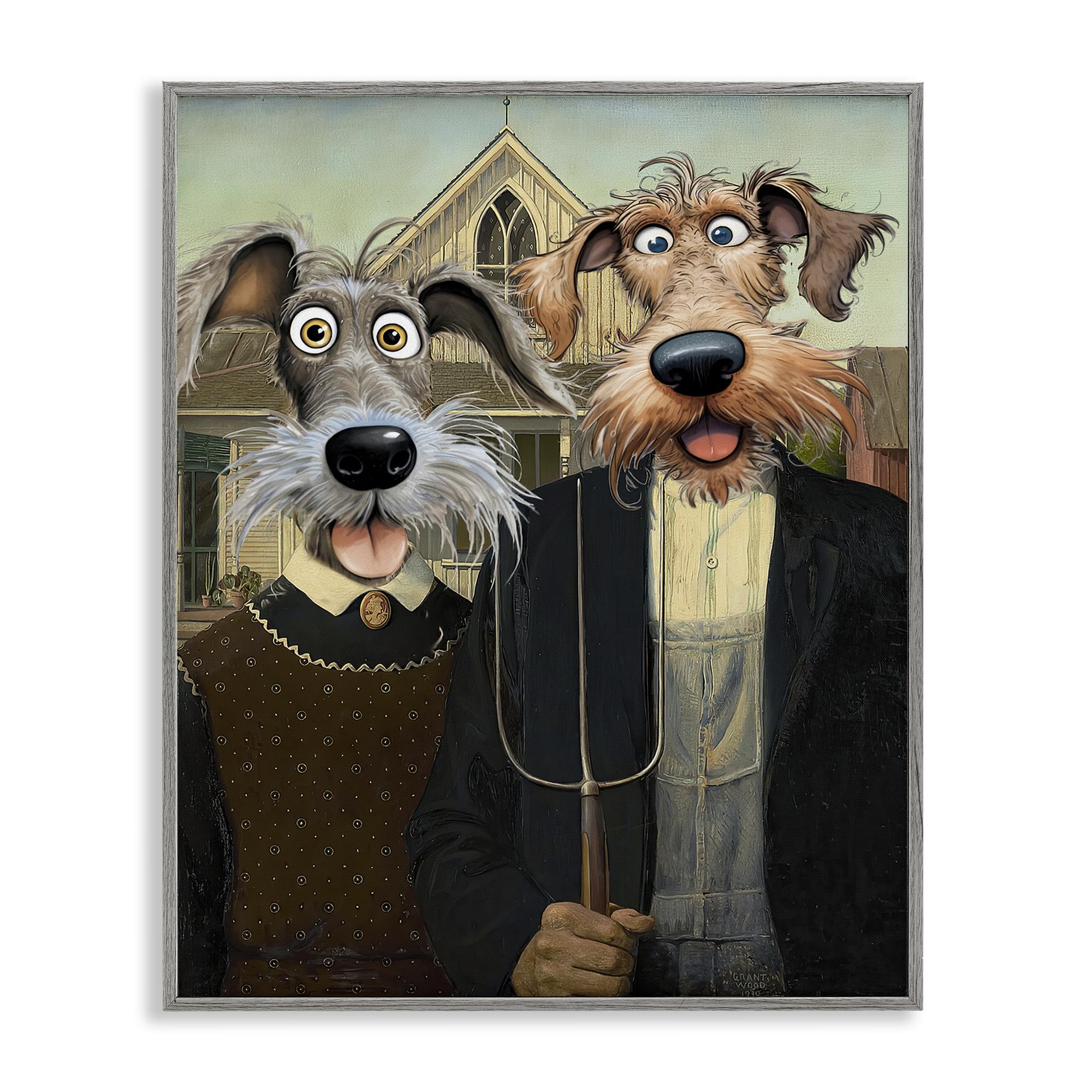 Stupell Industries Farmhouse Gray (Textured) 'American Gothic Pups', Framed Giclee Art, Gray, 16 X 20 Inches, Easy To Hang And Sturdy, Made In Usa, By Tina Lecour