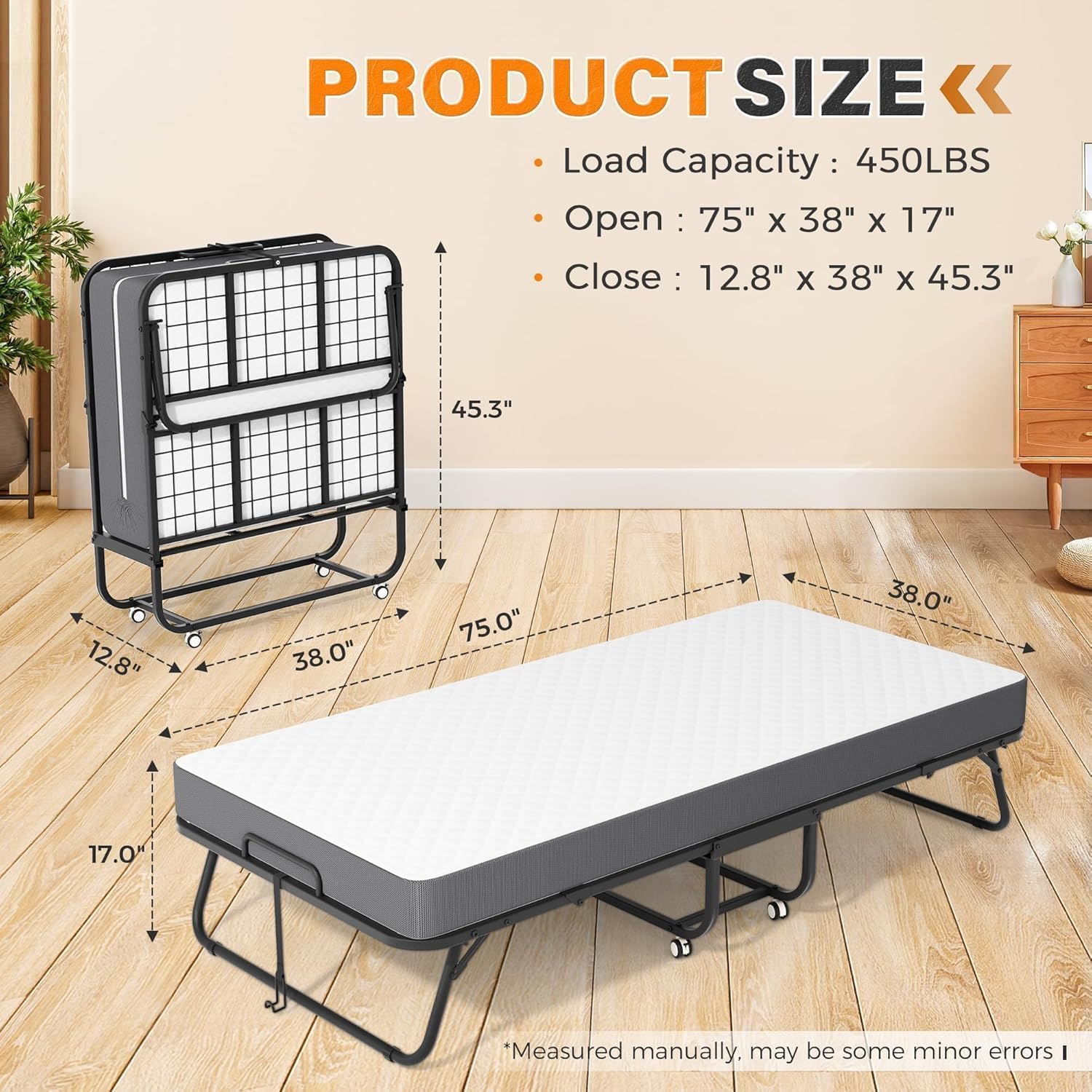 Incbruce 75"x 38" Twin Size Folding Bed with 5" Memory Foam Mattress & Metal Frame, Space-Saving Foldable Guest Bed for Small Apartments, Dorms, Office, Indoor Use