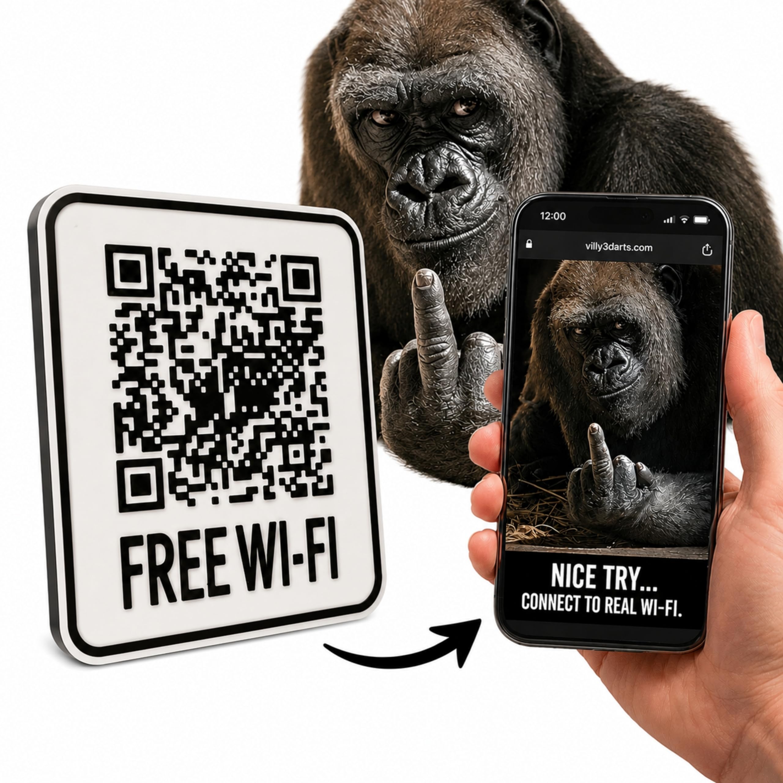 Funny Free WiFi QR Code Prank Sign with Gorilla | Novelty Office Desk Decor | Viral Pub Bar Gaming Room Joke Gift | Secret Santa Coworker Gift | Funny signs and plaques