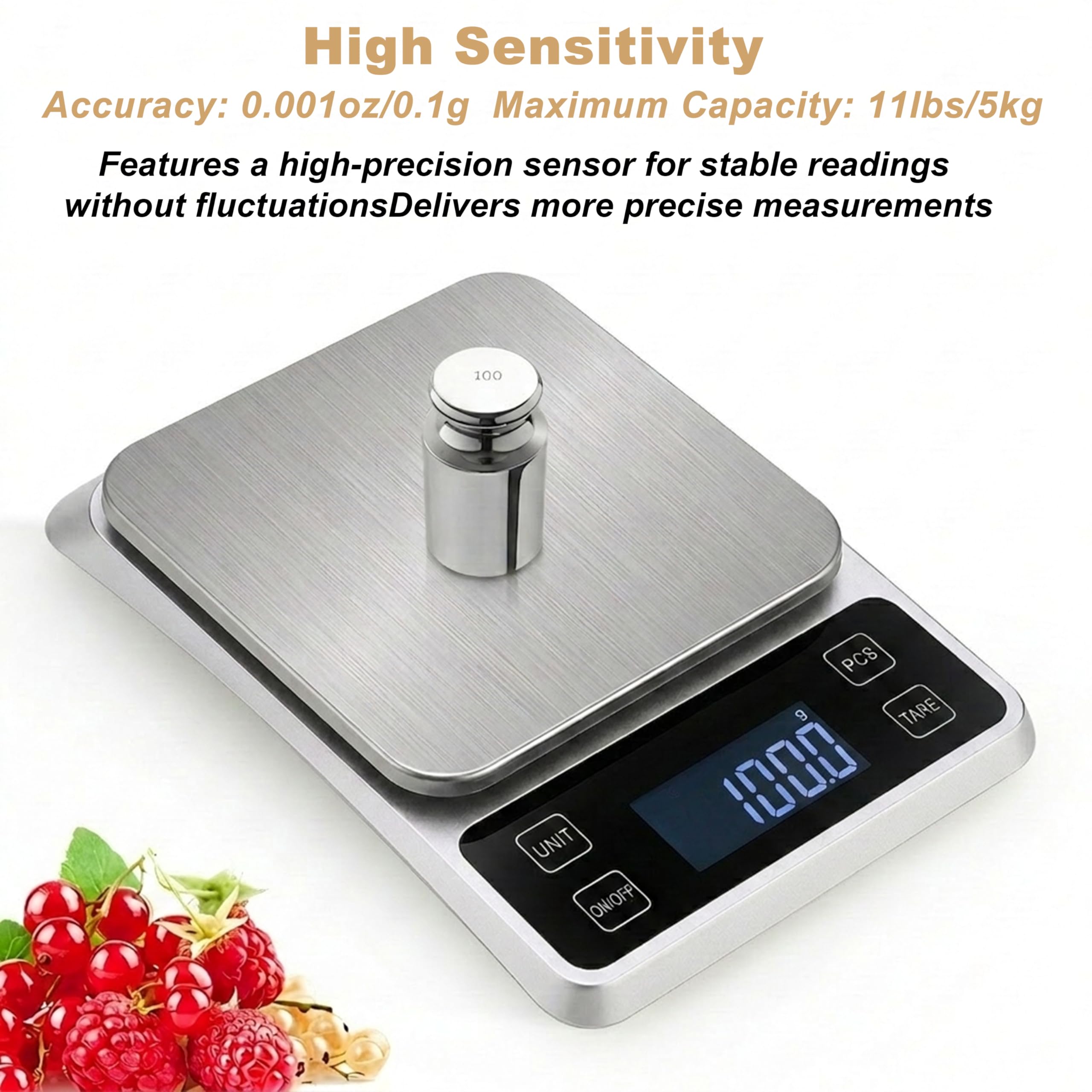 Báscula digital de cocina, báscula electrónica de alta precisión de 0.1 g/0.001 onzas, máximo 5 kg/11 libras, conversión de múltiples unidades, función de apagado automático/tara/conteo, plataforma de