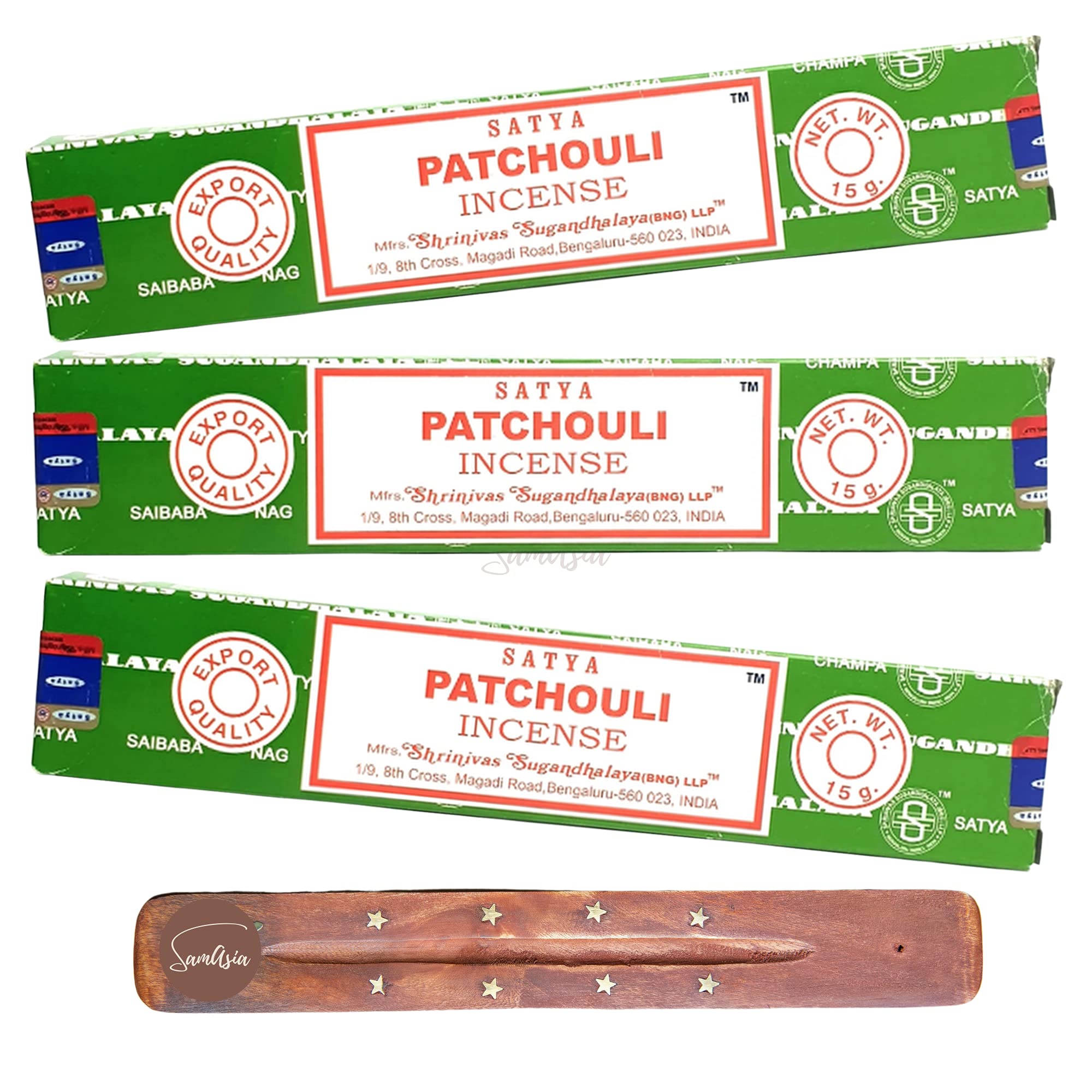 Samasia Satya Nag Champa Patchouli Incense Sticks | X3 Pack | With Incense Sticks Holder | Used For Aromatherapy, Spa, Yoga, Weddings, Meditation, Positivity And Relaxation