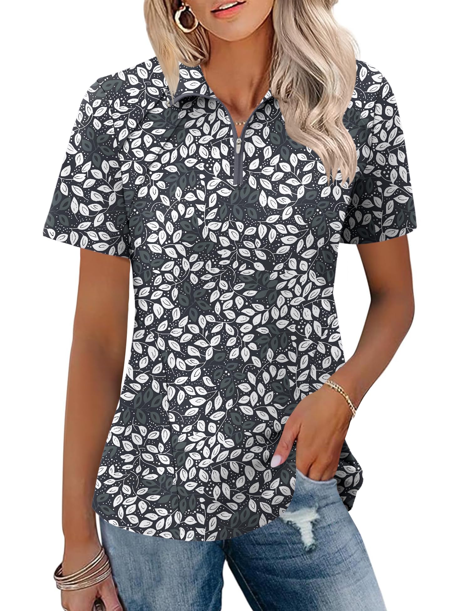 LOMON Womens Golf Polo Shirt Summer Short Sleeve Quarter Zip Outfit