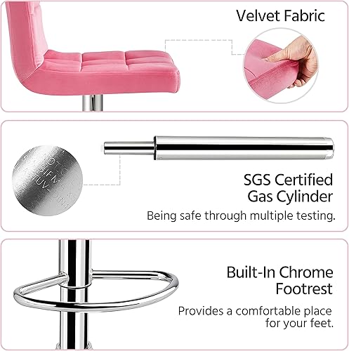 Miniatura 9 de Yaheetech Taburetes de bar de terciopelo XL con altura de mostrador ajustable sillas sin brazos juego de 4 con base más grande terciopelo rosa