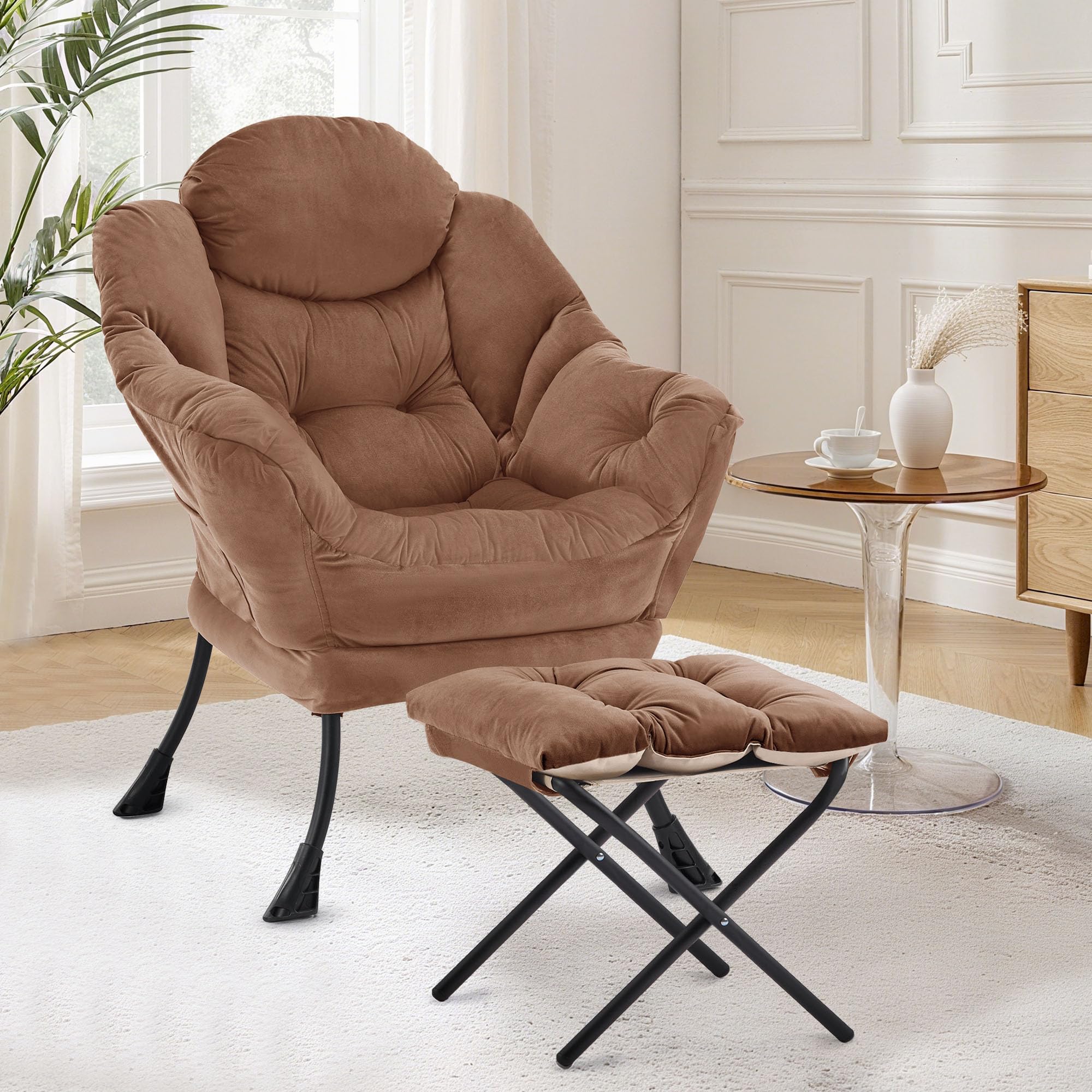 XH.Easy Go Lazy Chair with Ottoman, Accent Lounge Reading Arm Chair with Footstool, Leisure Armchair for Living Room Bedroom Comfy Arm Chairs with Footrest and Side Pocket, Brown — image 1