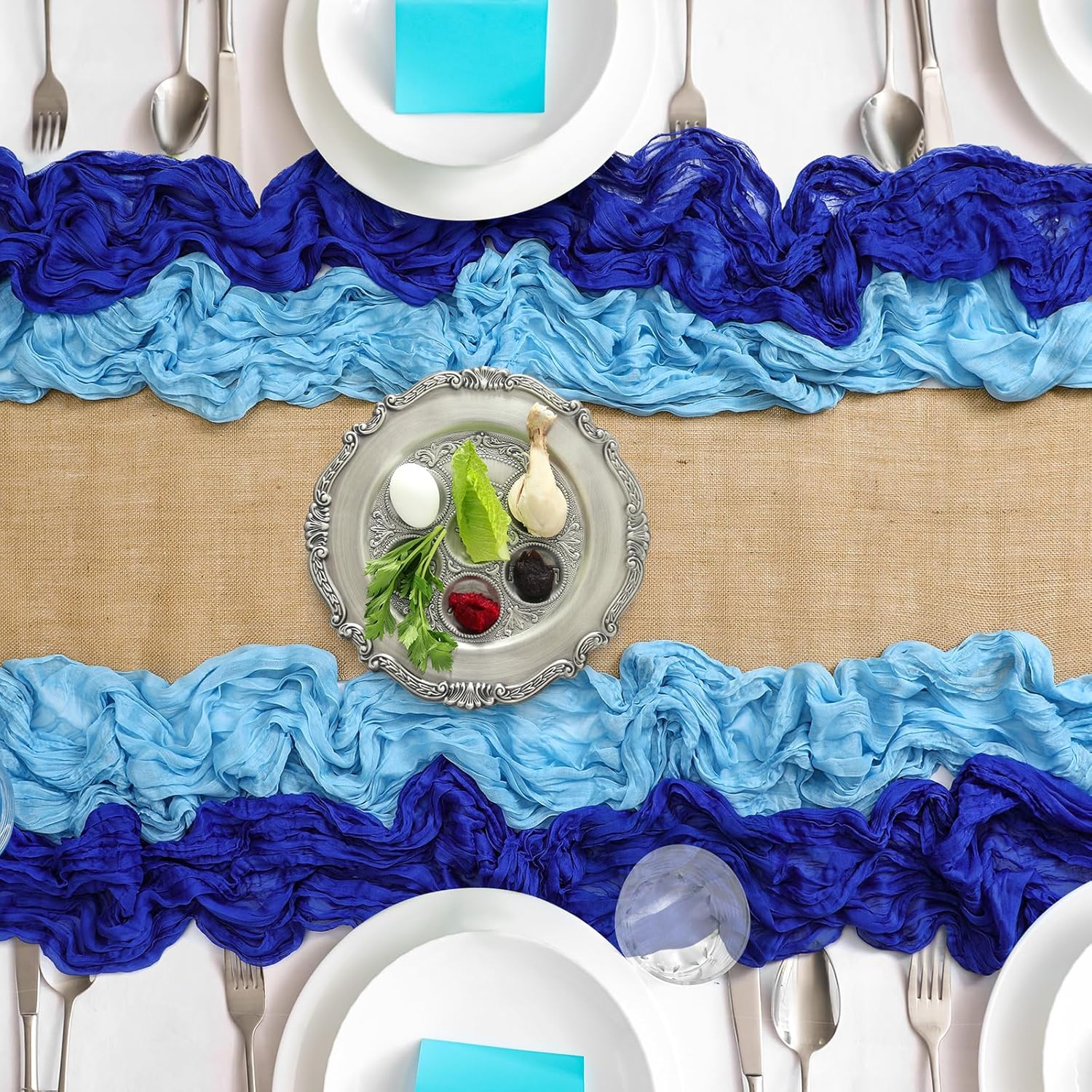 5 Pcs Happy Passover Table Runner Parting The Red Sea 12x108 Inch Passover Placemats 35x118 Inch Blue Gauze for Home Decoration Seder Jewish Pesach Festival Indoor Dining Room Party Kitchen