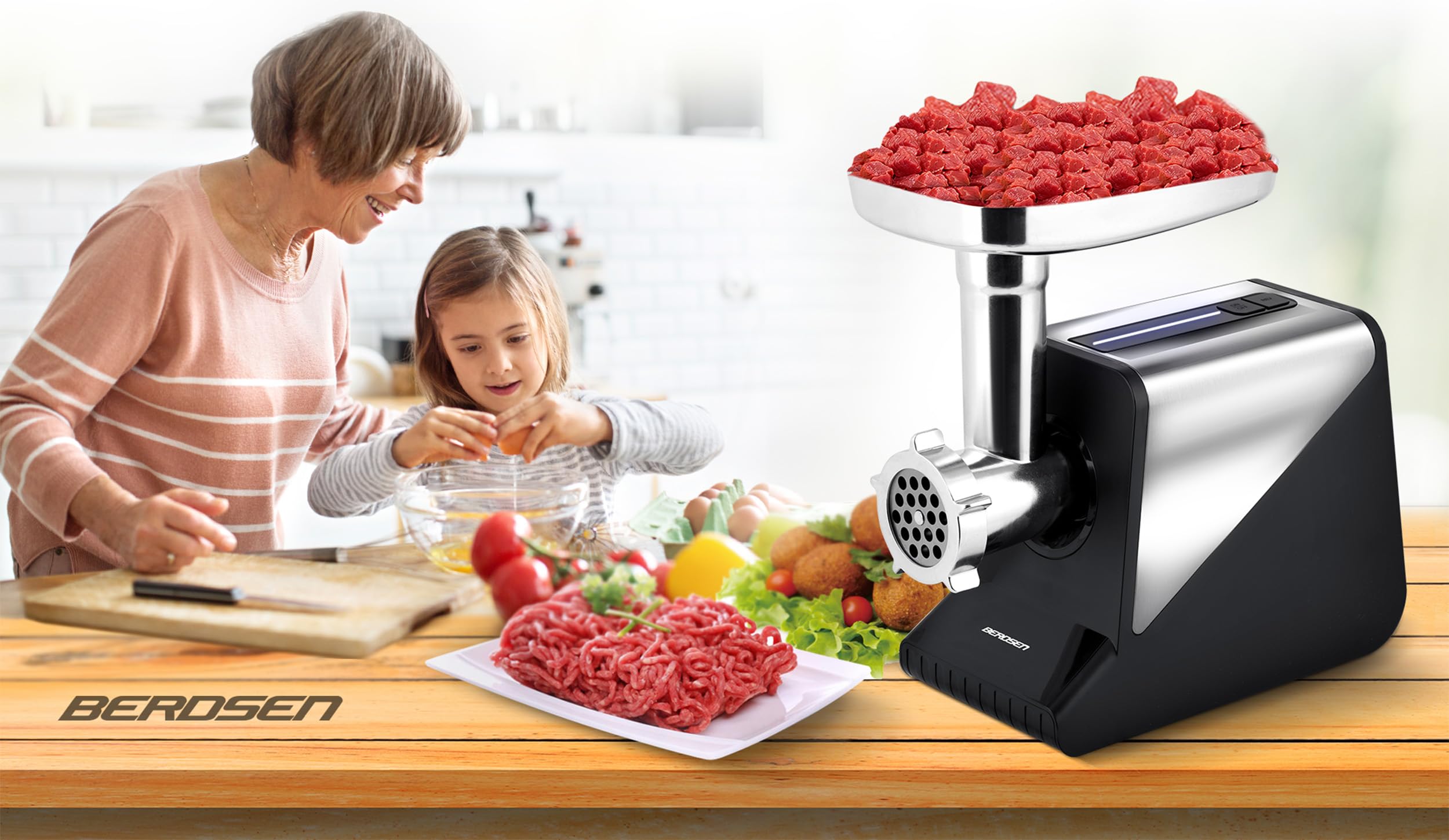 Berdsen Hachoir à viande électrique avec accessoires pour saucisse - Disques perforés - 800/2000 W - Noir et argenté