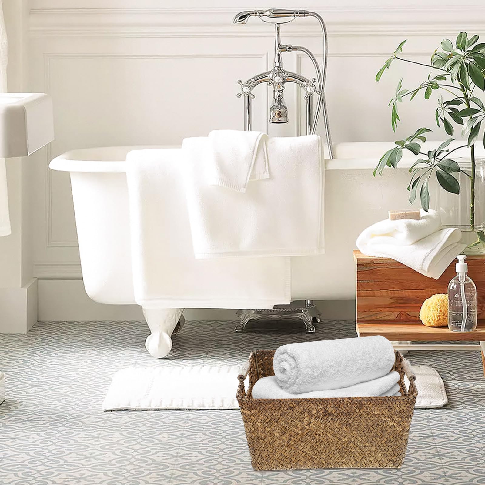Cestino Rattan in Alga Marina e Legno, Rettangolare, Leggero, per Organizer Bagno e Casa, Cestino Portaoggetti Multiuso