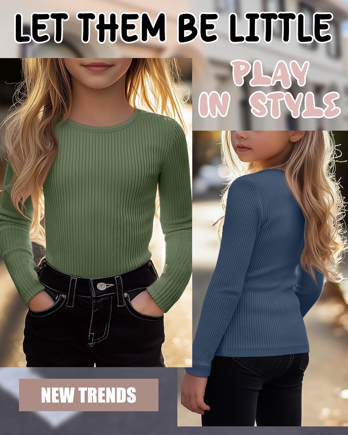 4 Pack Girls Long Sleeve Shirts Ribbed Knit Cotton Crewneck Tops Slim Fit Soft Casual Kids Base Layer Undershirts - Image 5