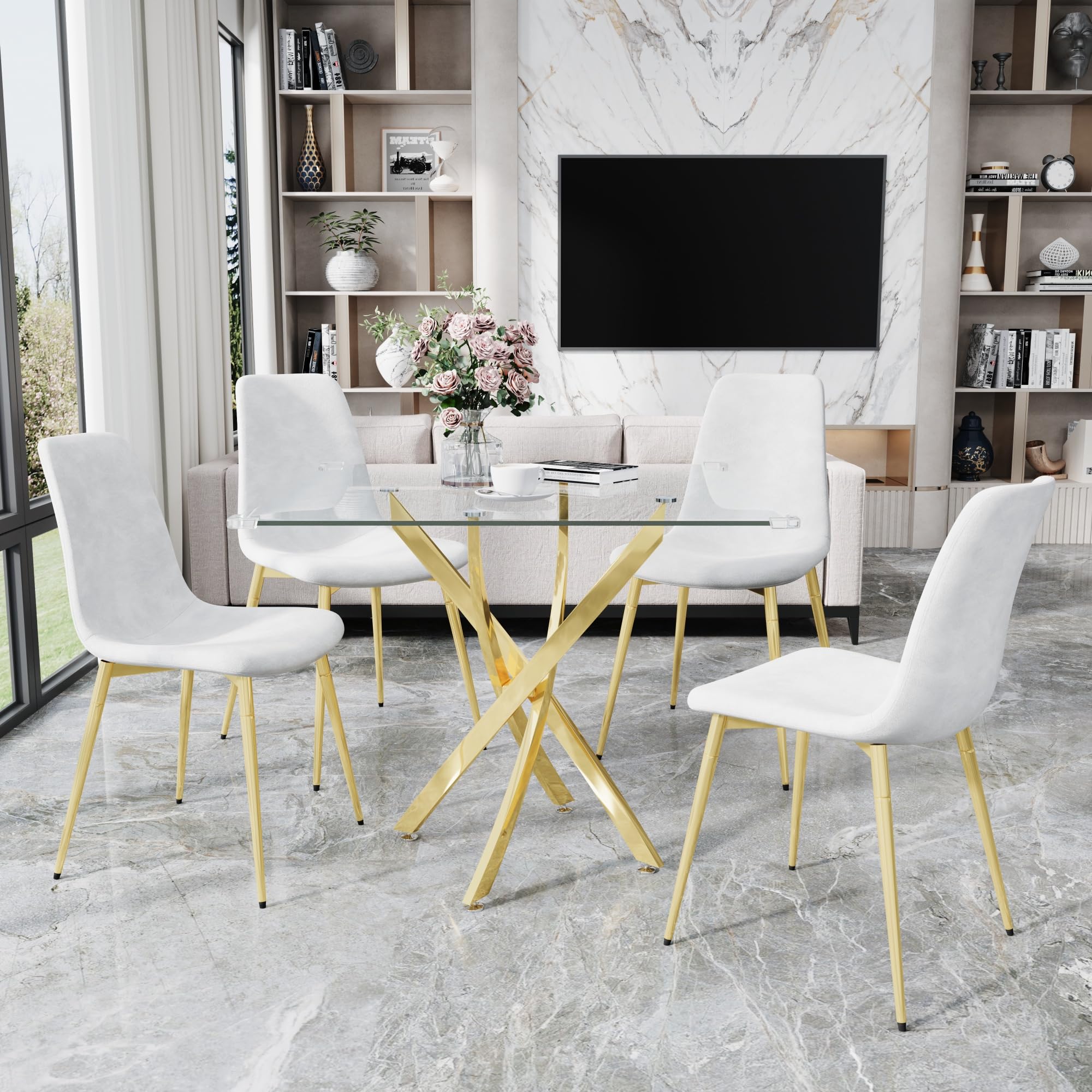 AF ARTISAN FURNITURE 36" Square Glass Dining Table Set for 4, 5-Piece Modern Kitchen Table with 4 White Velvet Chairs, Modern Circle Leisure Table for Home Office Dining Room Small Spaces (Gold Leg)