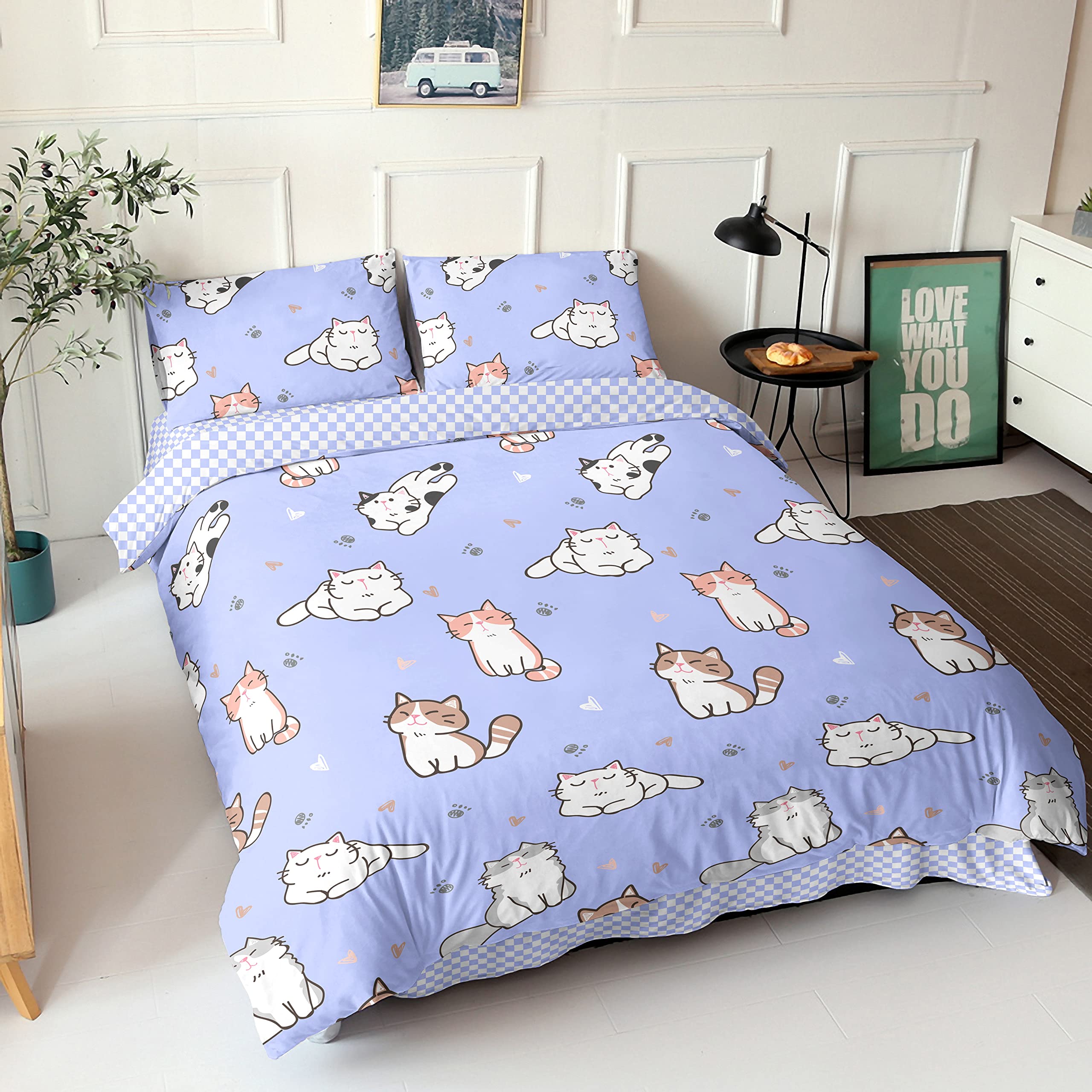 Datura home Kawaii Cat Duvet Cover Set Lovely Kitten Purple Print Printed Bedding Set with 2 Pillowcases for Boys Girls Teens Children Bedroom All Season,NO Comforter(Cat Purple Full)